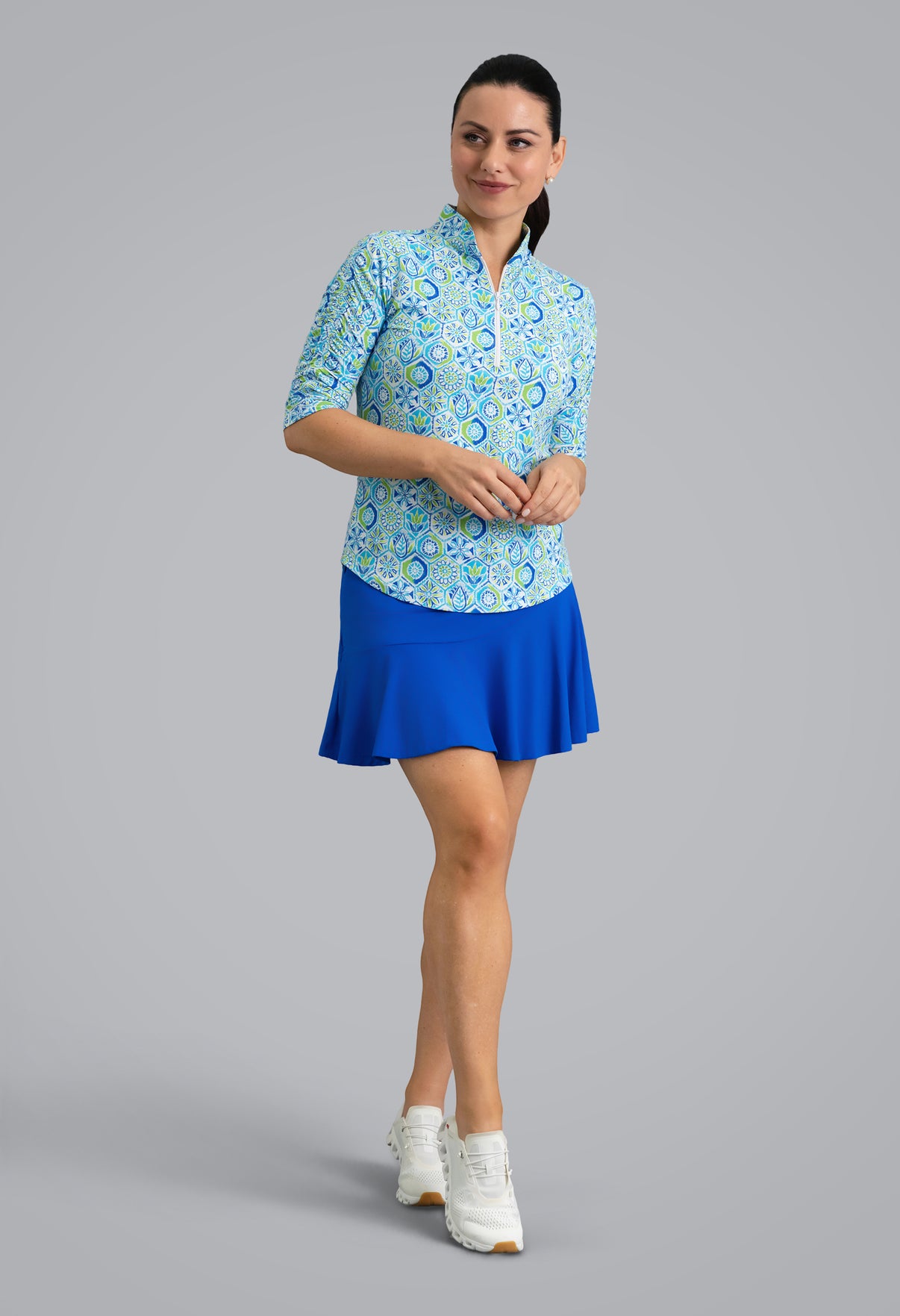 IBKÜL - Alexis Ruched Elbow Sleeve Mandarin Collar Top - Color: Lime Multi