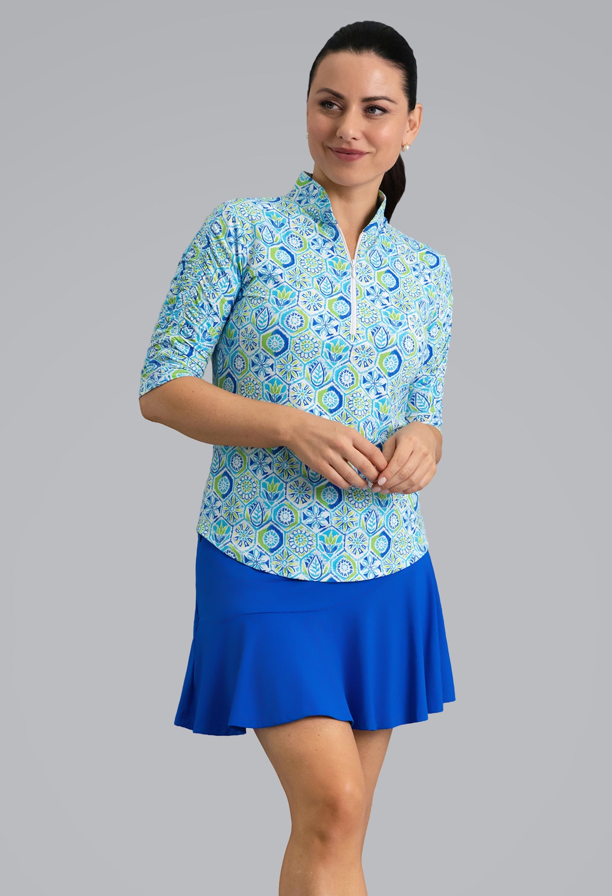 IBKÜL - Alexis Ruched Elbow Sleeve Mandarin Collar Top - Color: Lime Multi