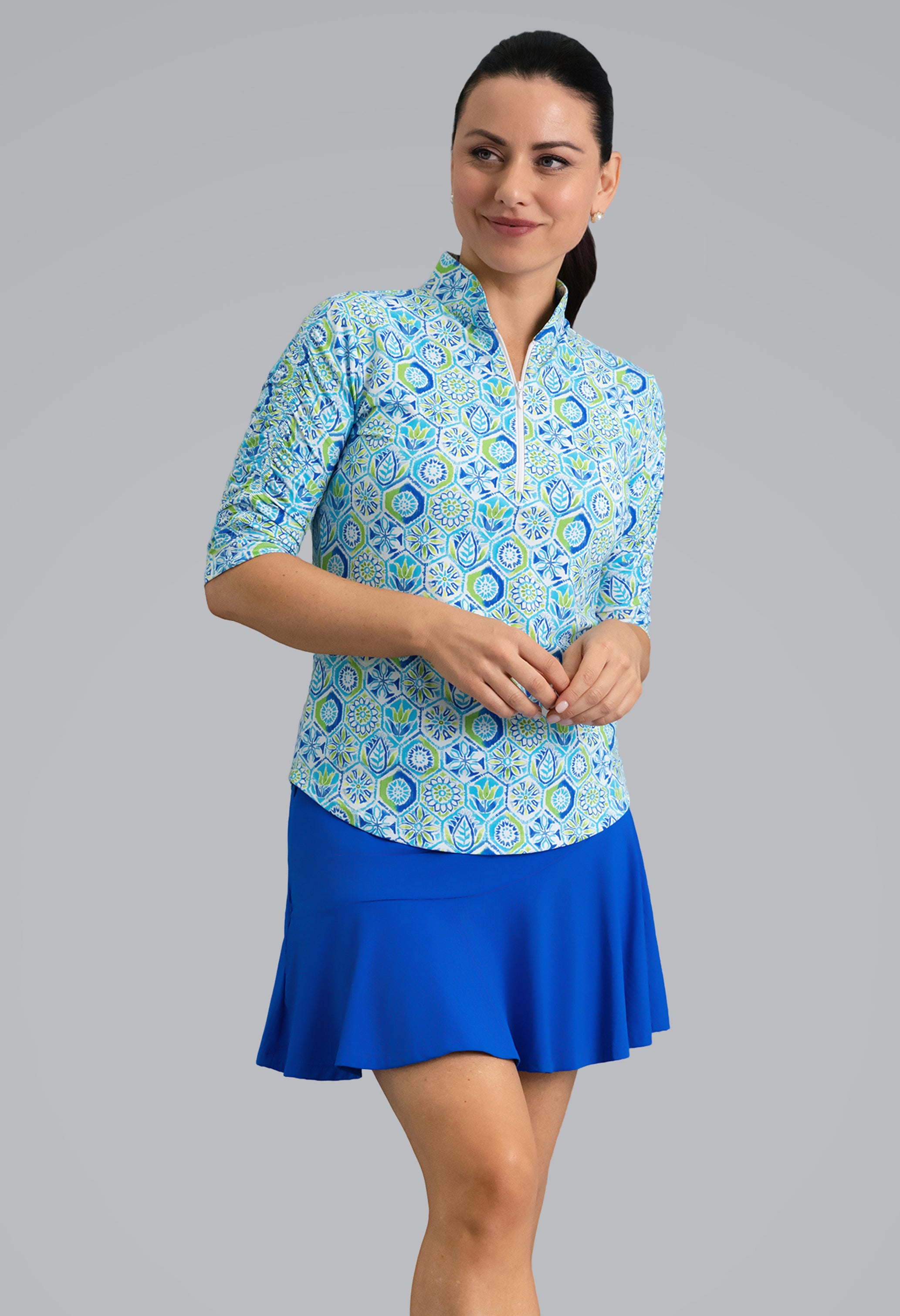 IBKÜL - Alexis Ruched Elbow Sleeve Mandarin Collar Top - Color: Lime Multi