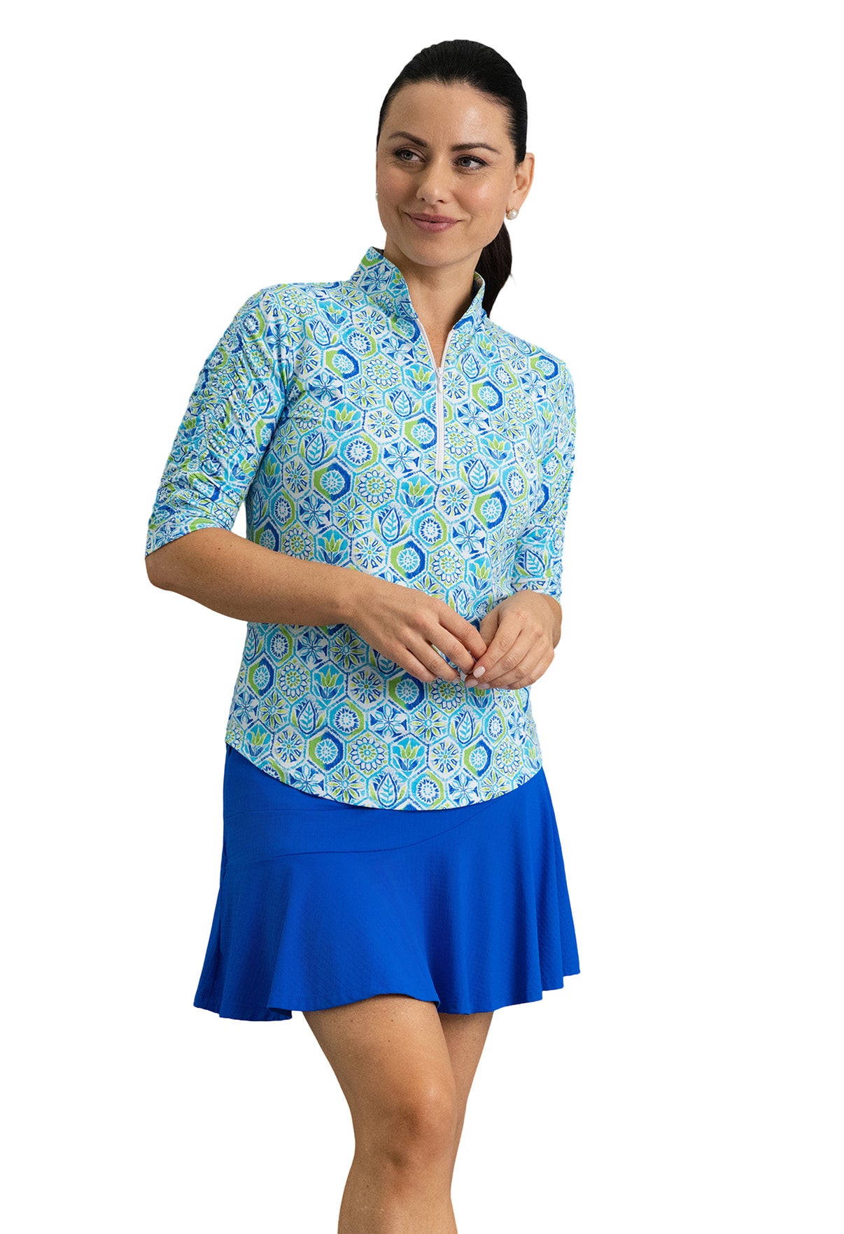 IBKÜL - Alexis Ruched Elbow Sleeve Mandarin Collar Top - Color: Lime Multi