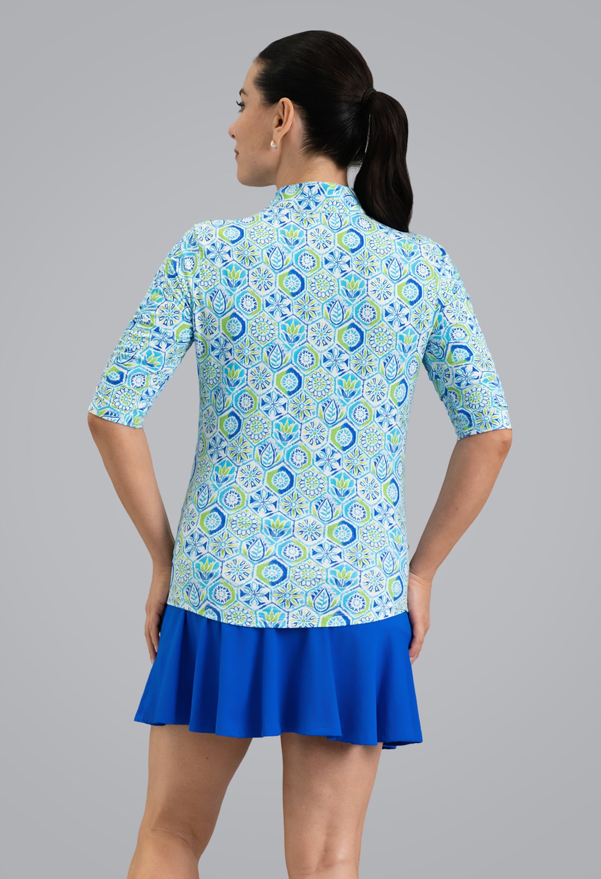IBKÜL - Alexis Ruched Elbow Sleeve Mandarin Collar Top - Color: Lime Multi