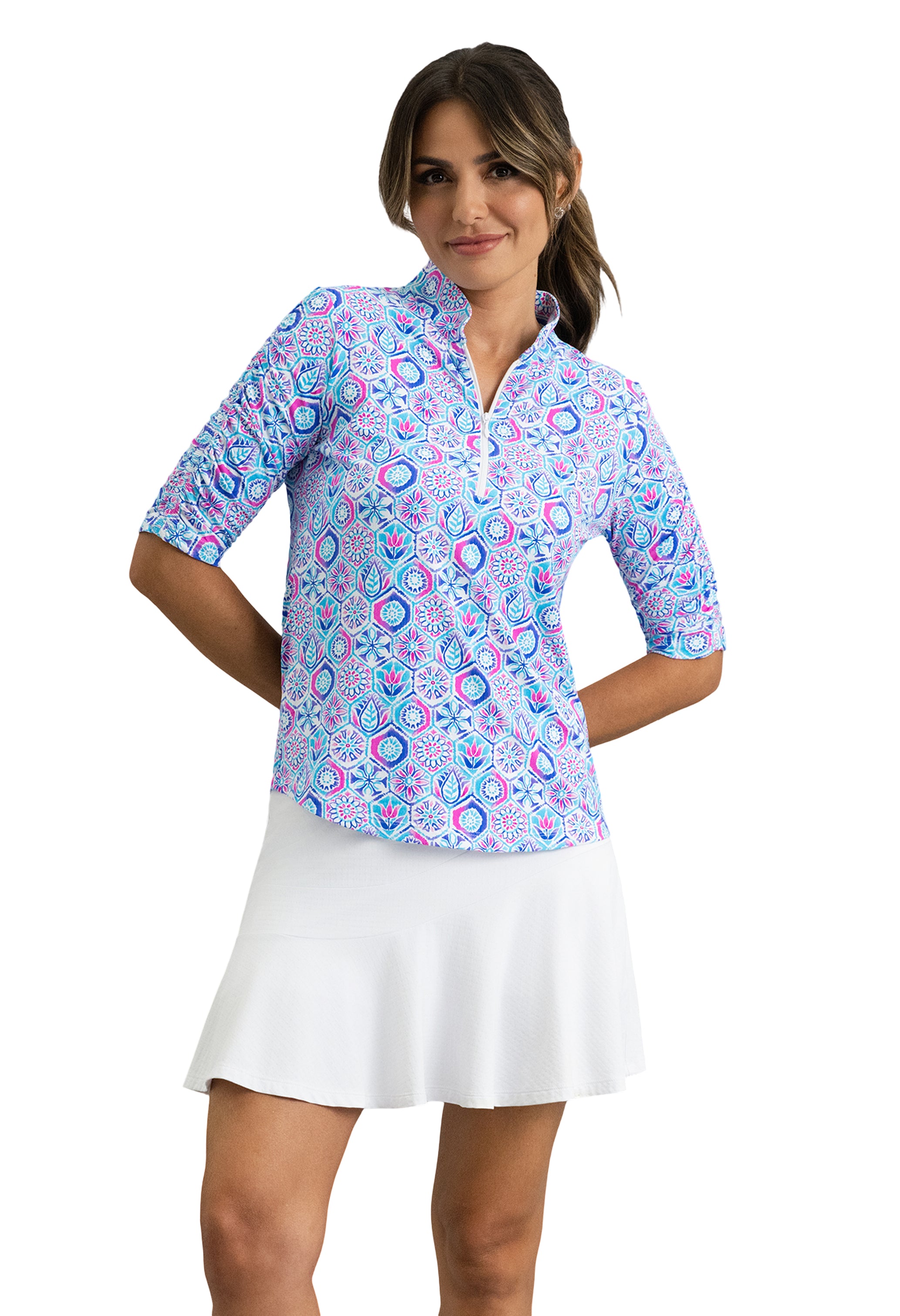 IBKÜL - Alexis Ruched Elbow Sleeve Mandarin Collar Top - Color: Turquoise Multi