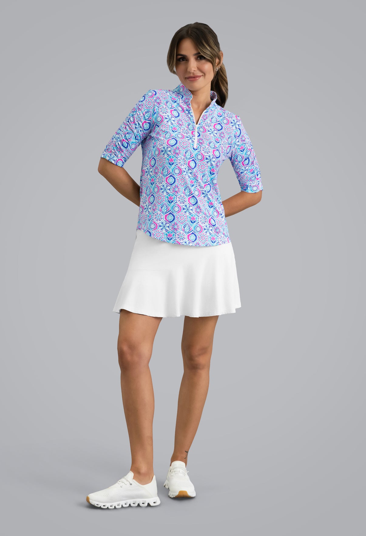 IBKÜL - Alexis Ruched Elbow Sleeve Mandarin Collar Top - Color: Turquoise Multi