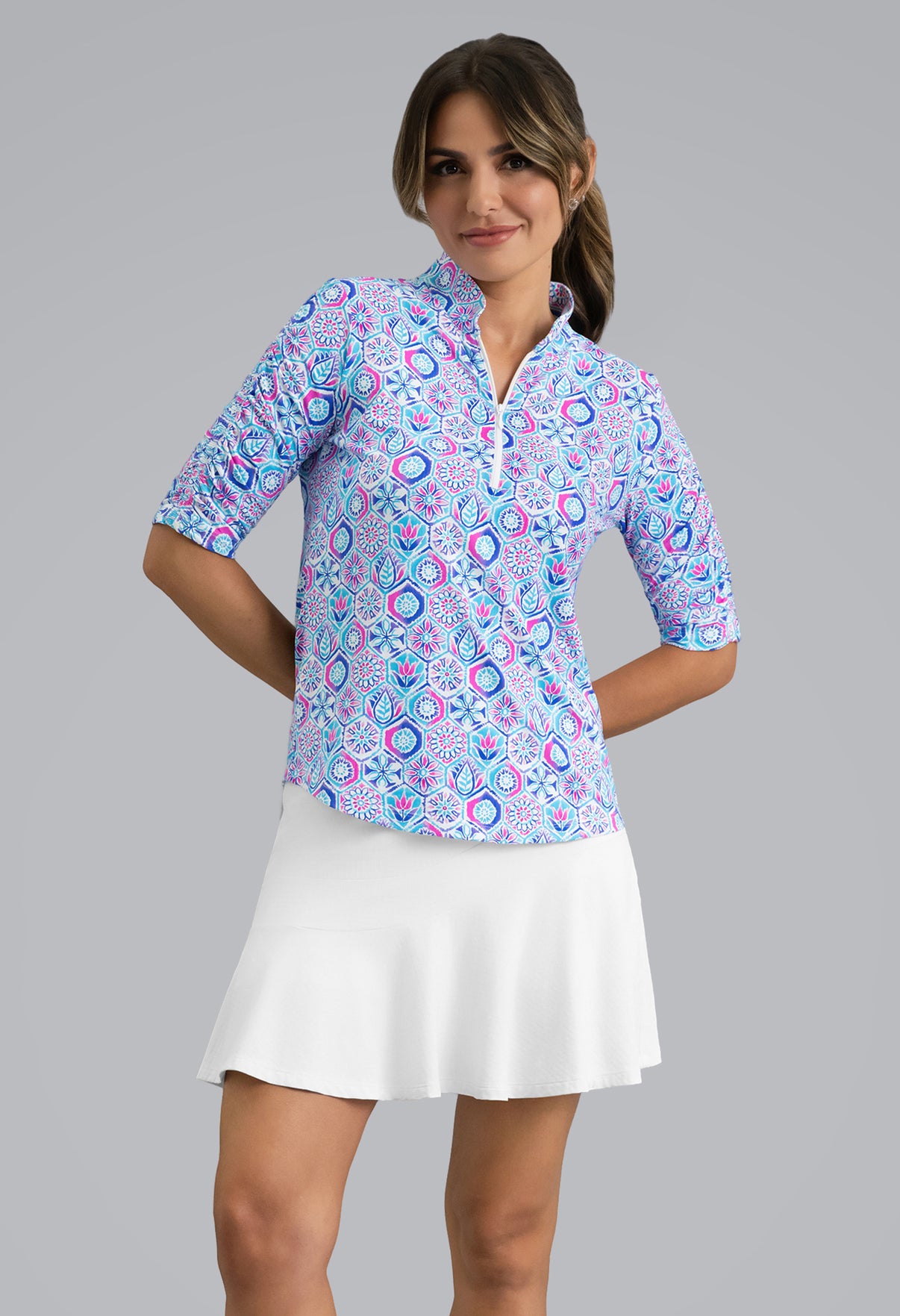 IBKÜL - Alexis Ruched Elbow Sleeve Mandarin Collar Top - Color: Turquoise Multi