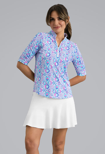 IBKÜL - Alexis Ruched Elbow Sleeve Mandarin Collar Top - Color: Turquoise Multi