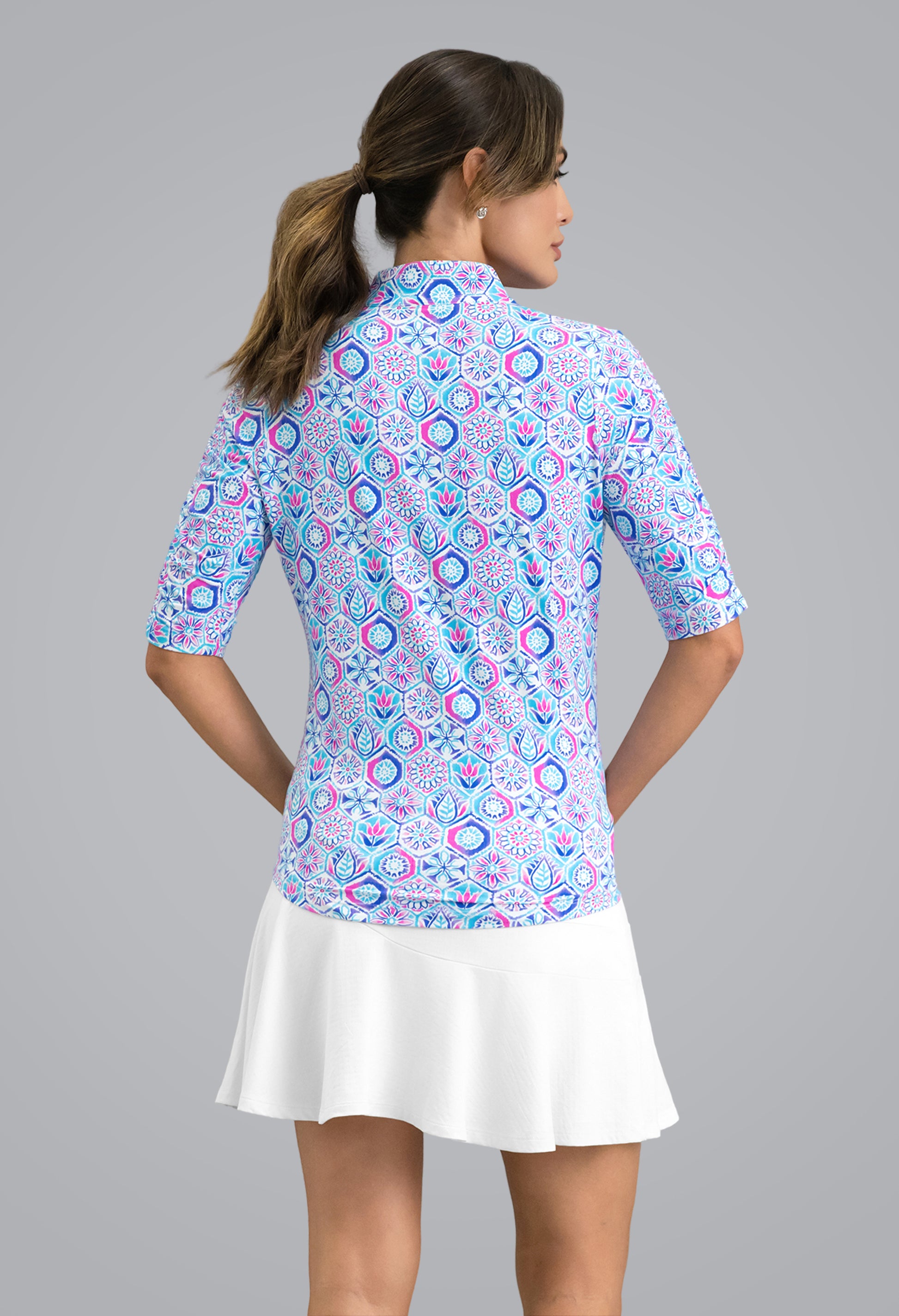 IBKÜL - Alexis Ruched Elbow Sleeve Mandarin Collar Top - Color: Turquoise Multi