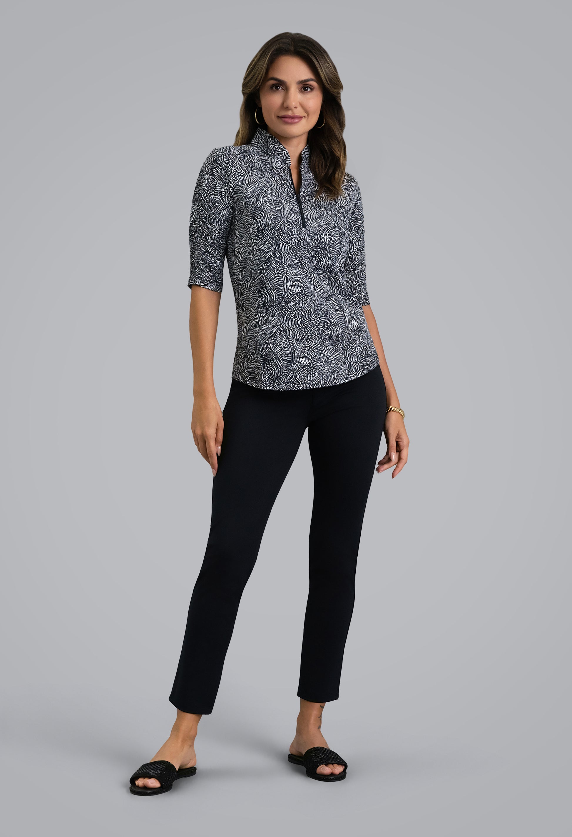IBKÜL - Stephanie Ruched Elbow Sleeve Mandarin Collar Top - Color: Black/White