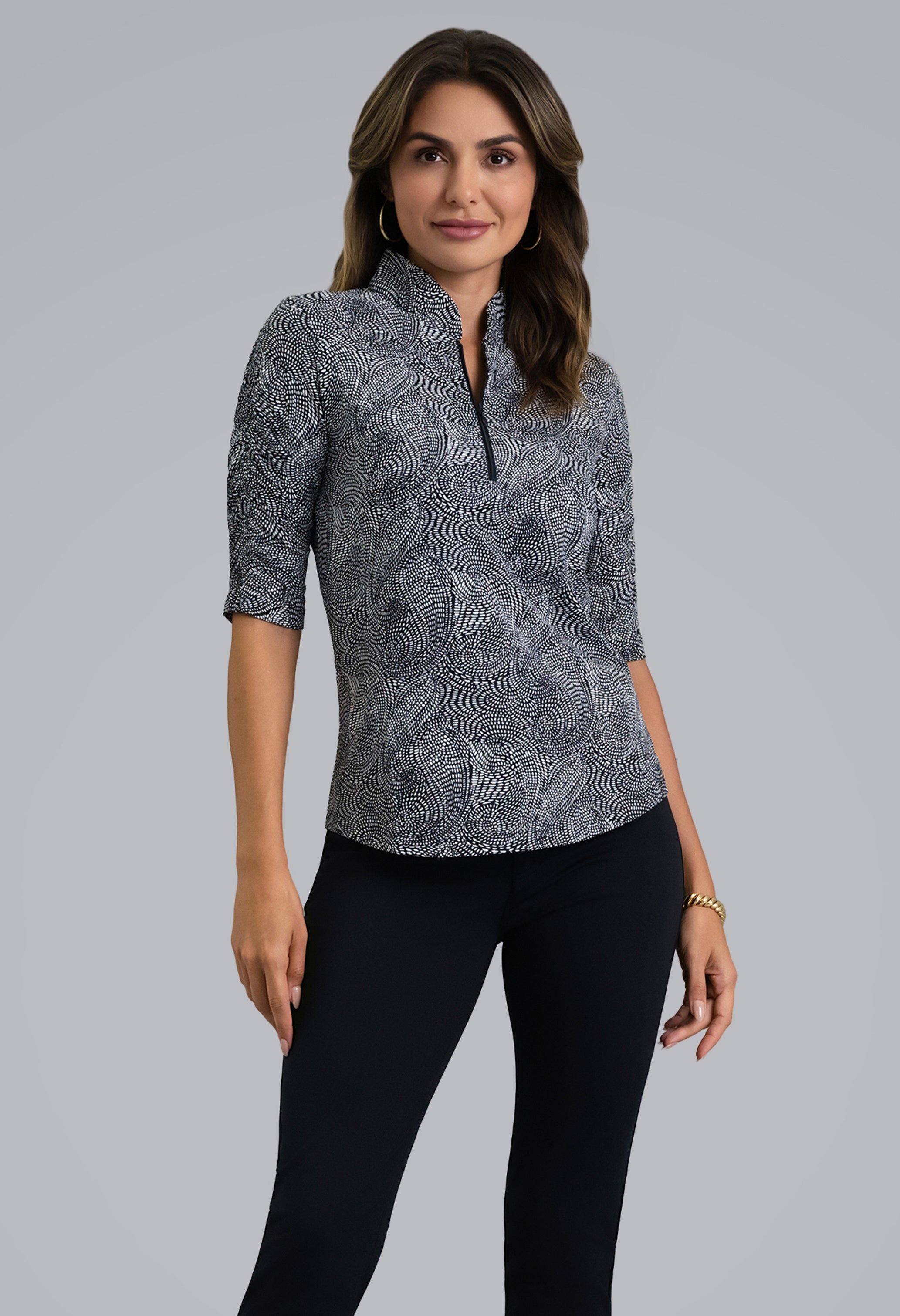 IBKÜL - Stephanie Ruched Elbow Sleeve Mandarin Collar Top - Color: Black/White