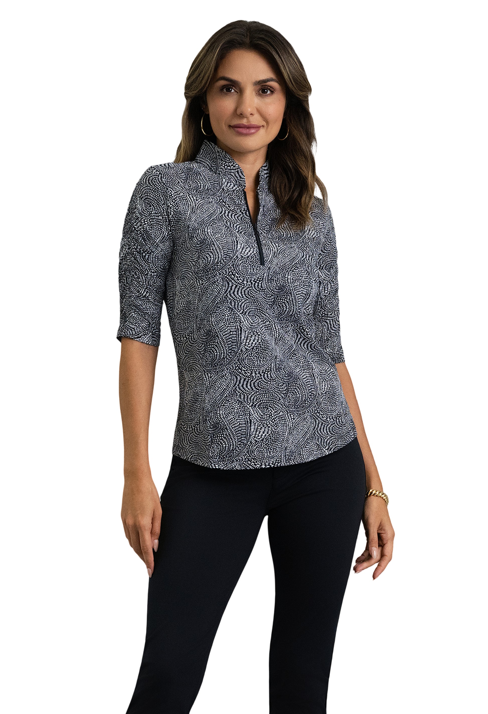 IBKÜL - Stephanie Ruched Elbow Sleeve Mandarin Collar Top - Color: Black/White