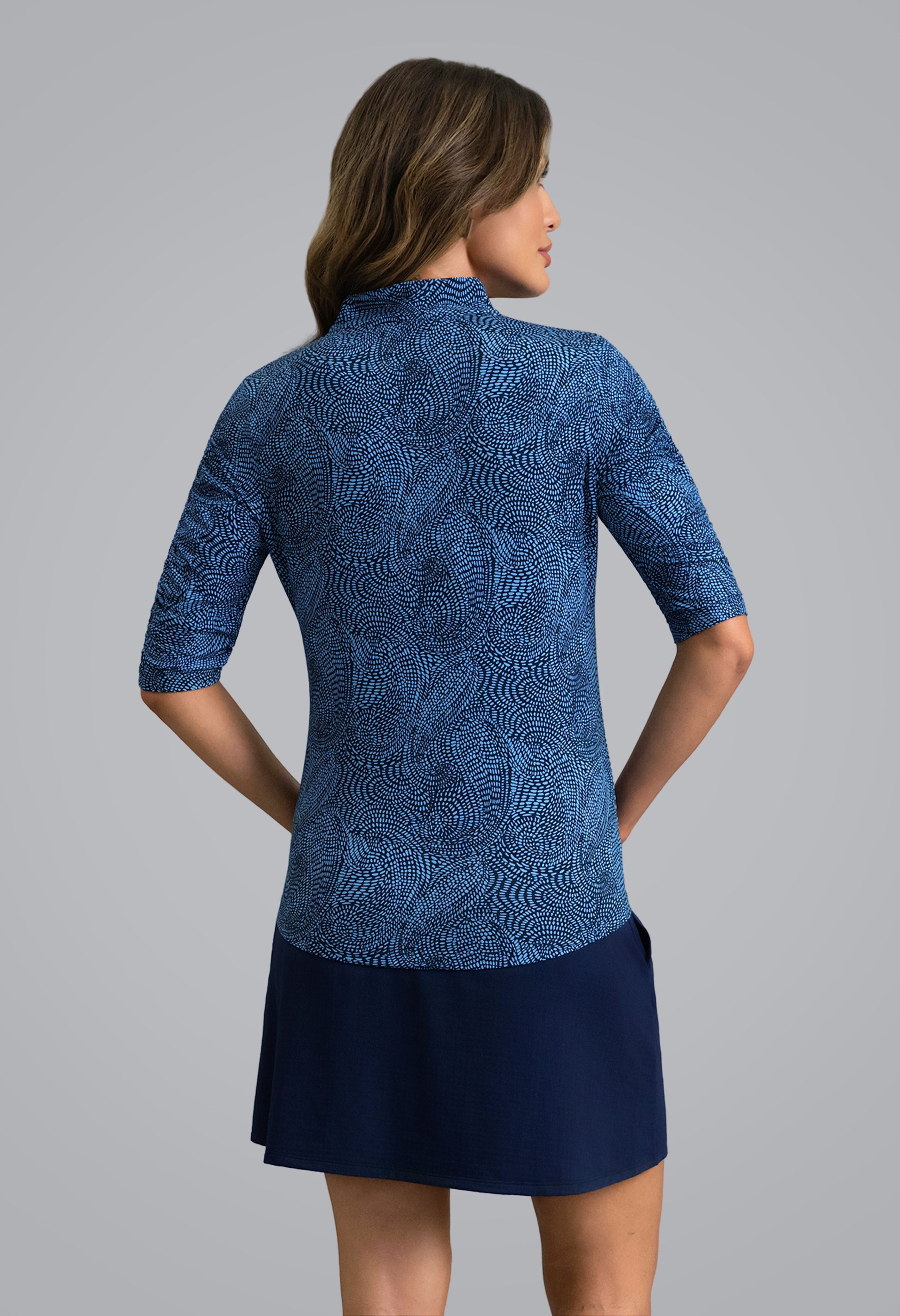 IBKÜL - Stephanie Ruched Elbow Sleeve Mandarin Collar Top - Color: Classic Navy/Peri