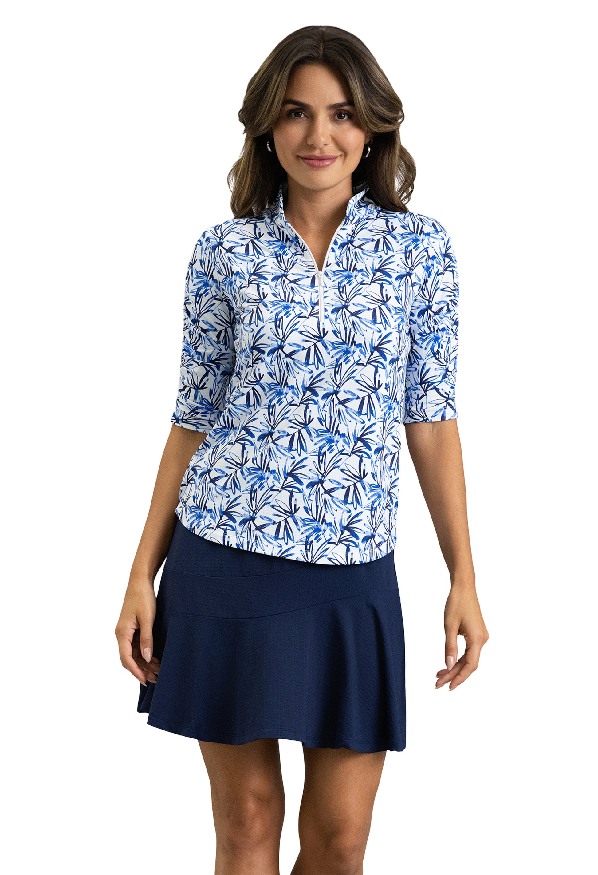 IBKÜL - Norma Ruched Elbow Sleeve Mandarin Collar Top - Color: Peri