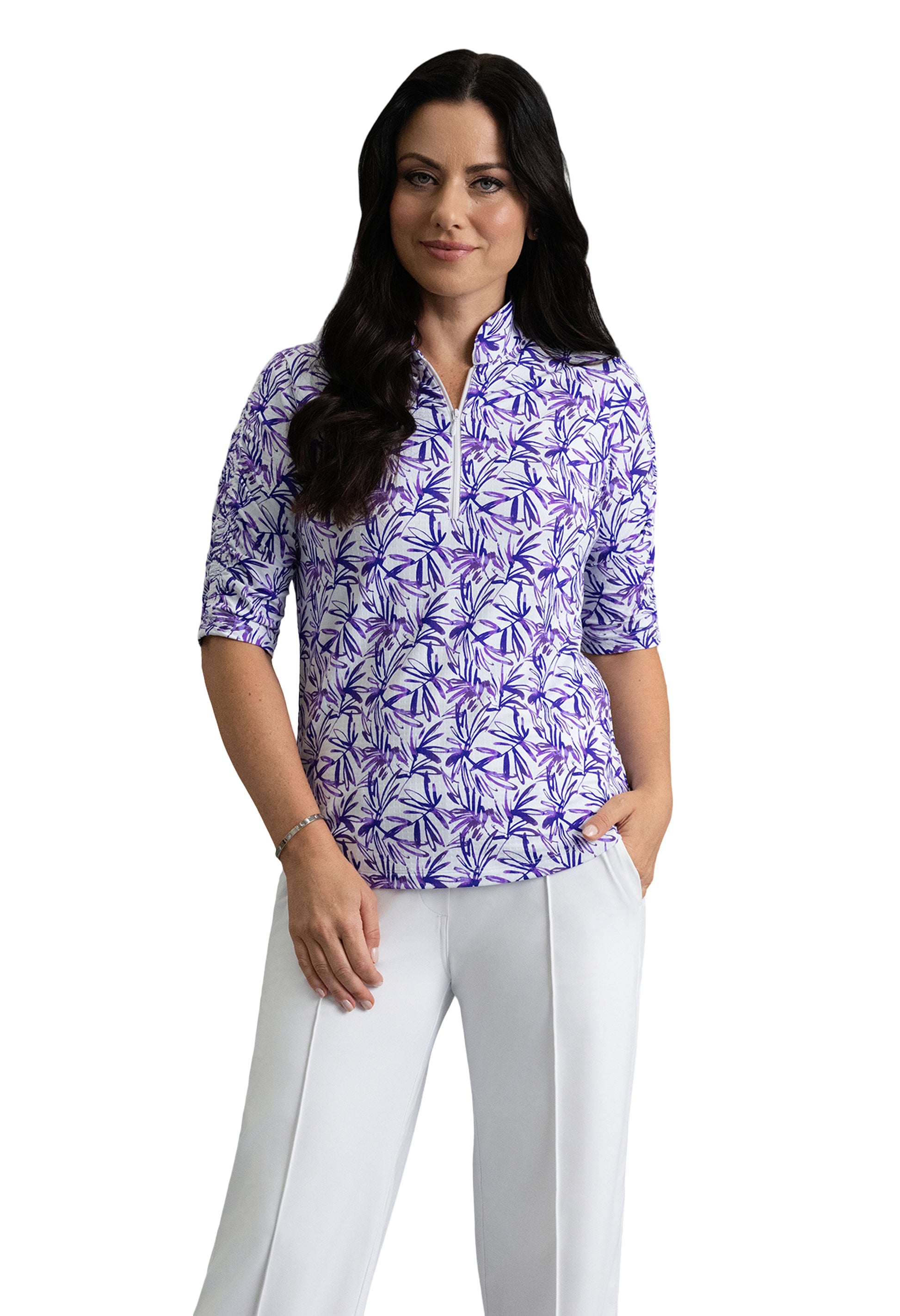 IBKÜL - Norma Ruched Elbow Sleeve Mandarin Collar Top - Color: Plum