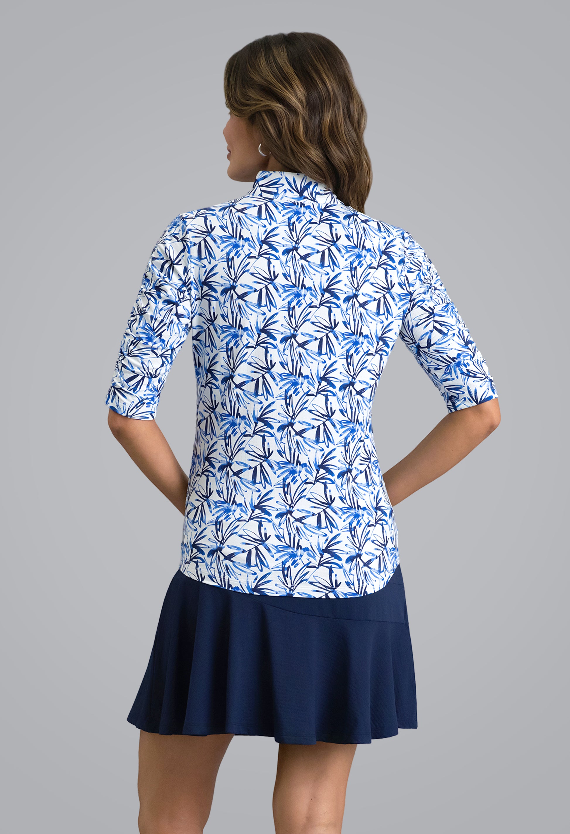 IBKÜL - Norma Ruched Elbow Sleeve Mandarin Collar Top - Color: Peri
