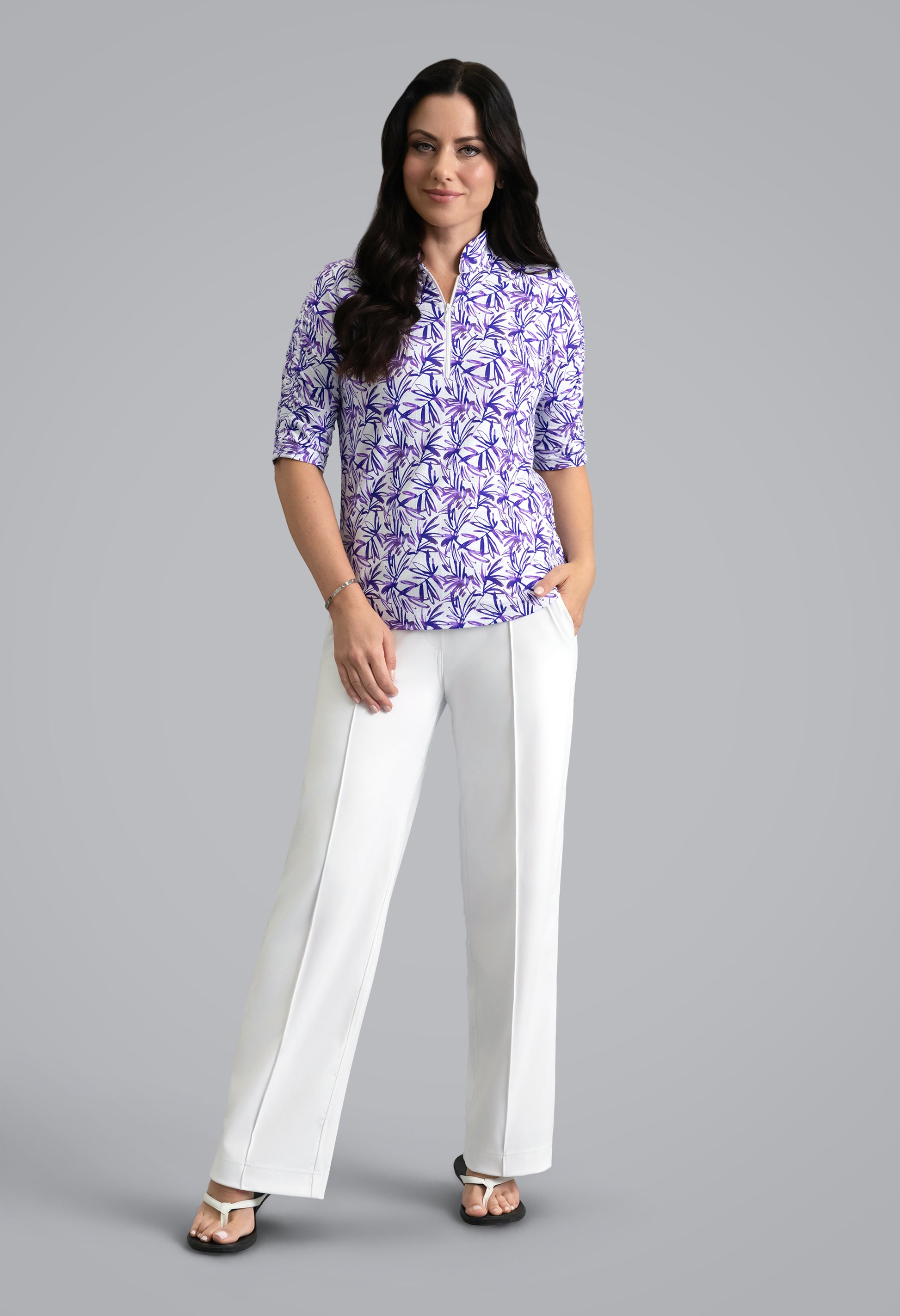 IBKÜL - Norma Ruched Elbow Sleeve Mandarin Collar Top - Color: Plum