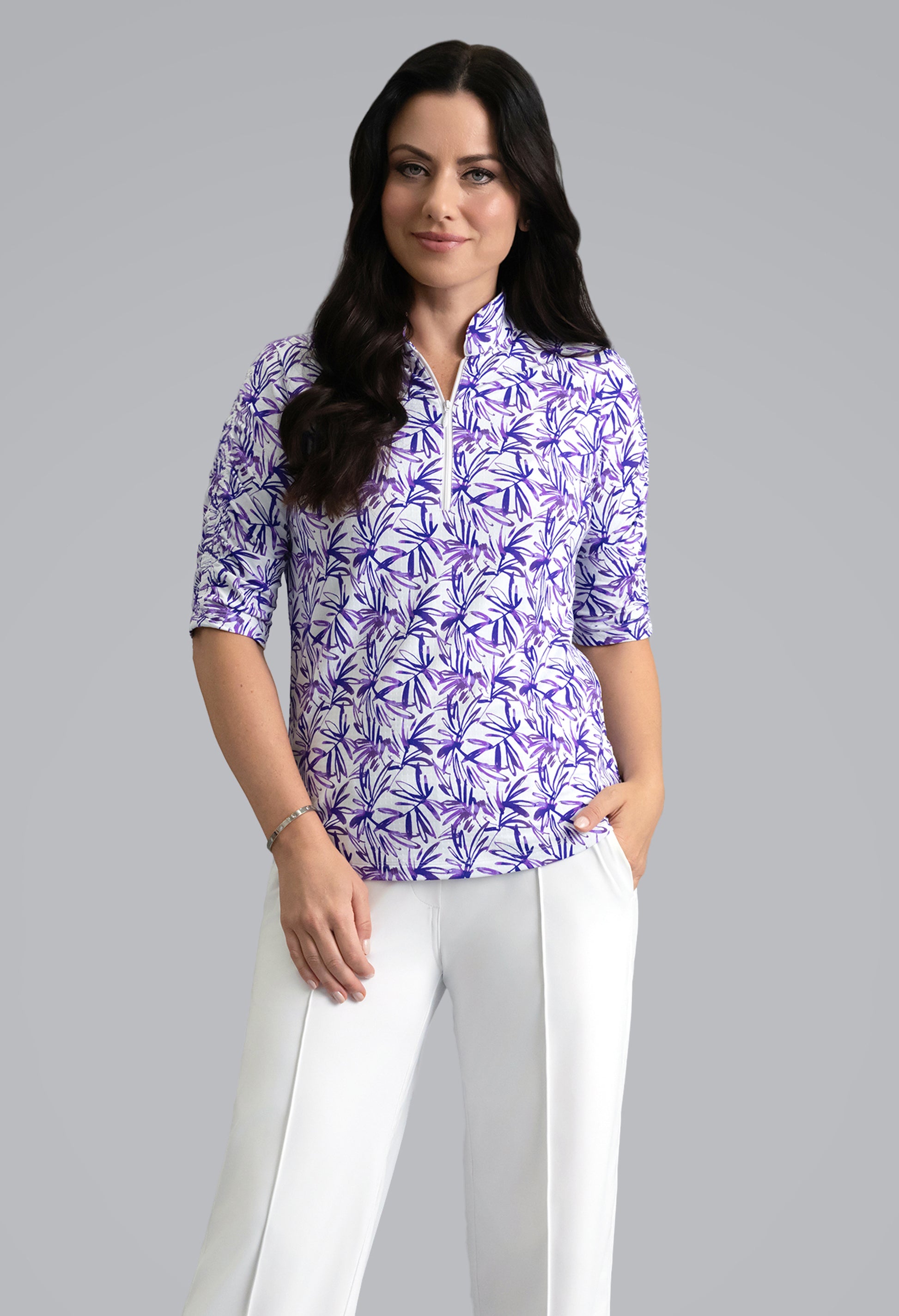 IBKÜL - Norma Ruched Elbow Sleeve Mandarin Collar Top - Color: Plum