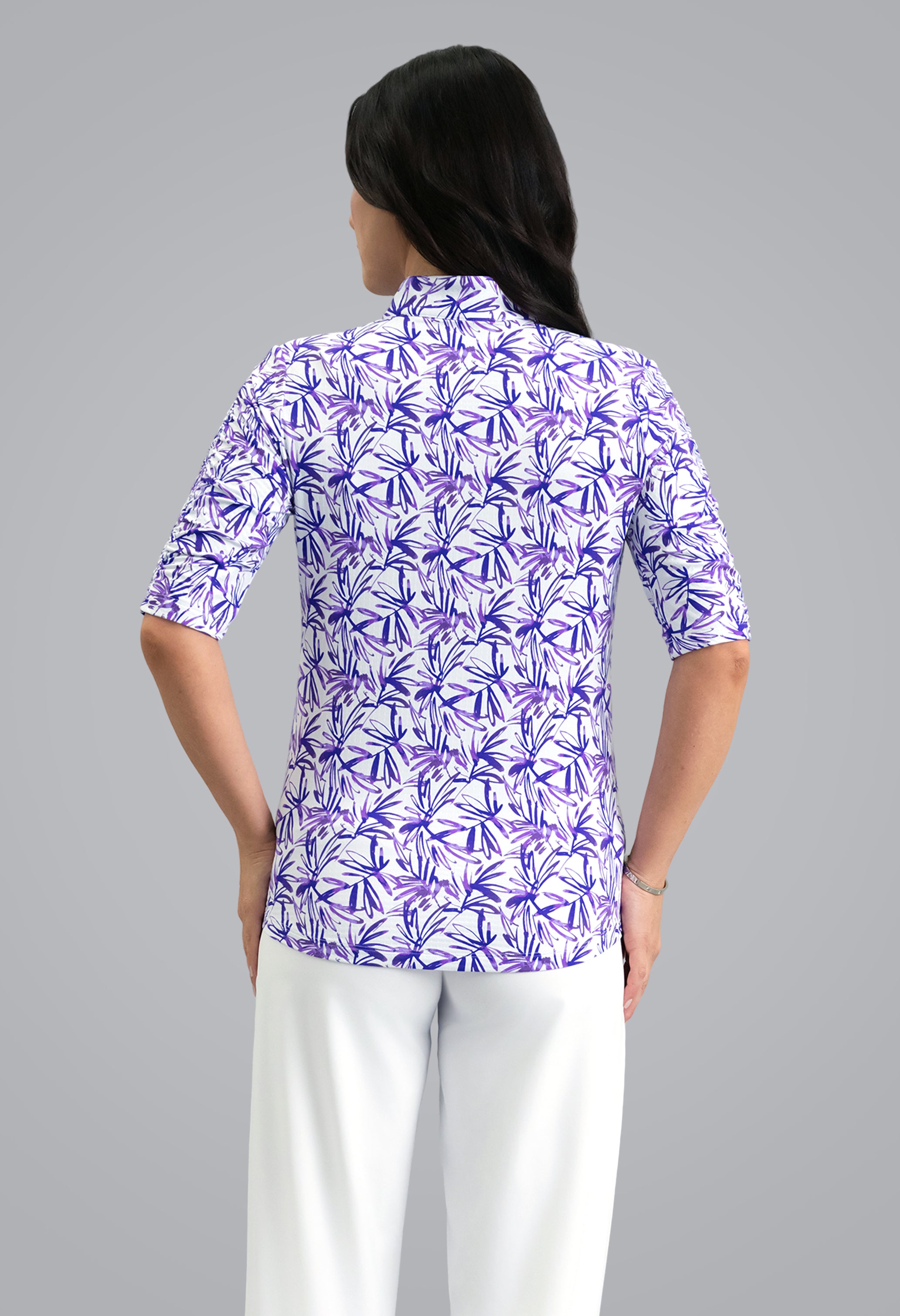 IBKÜL - Norma Ruched Elbow Sleeve Mandarin Collar Top - Color: Plum