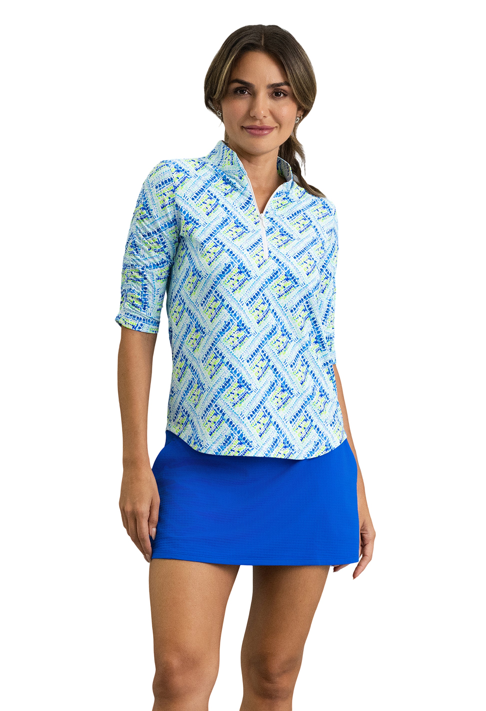 IBKÜL - Nina Ruched Elbow Sleeve Mandarin Collar Top - Color: Blue Multi