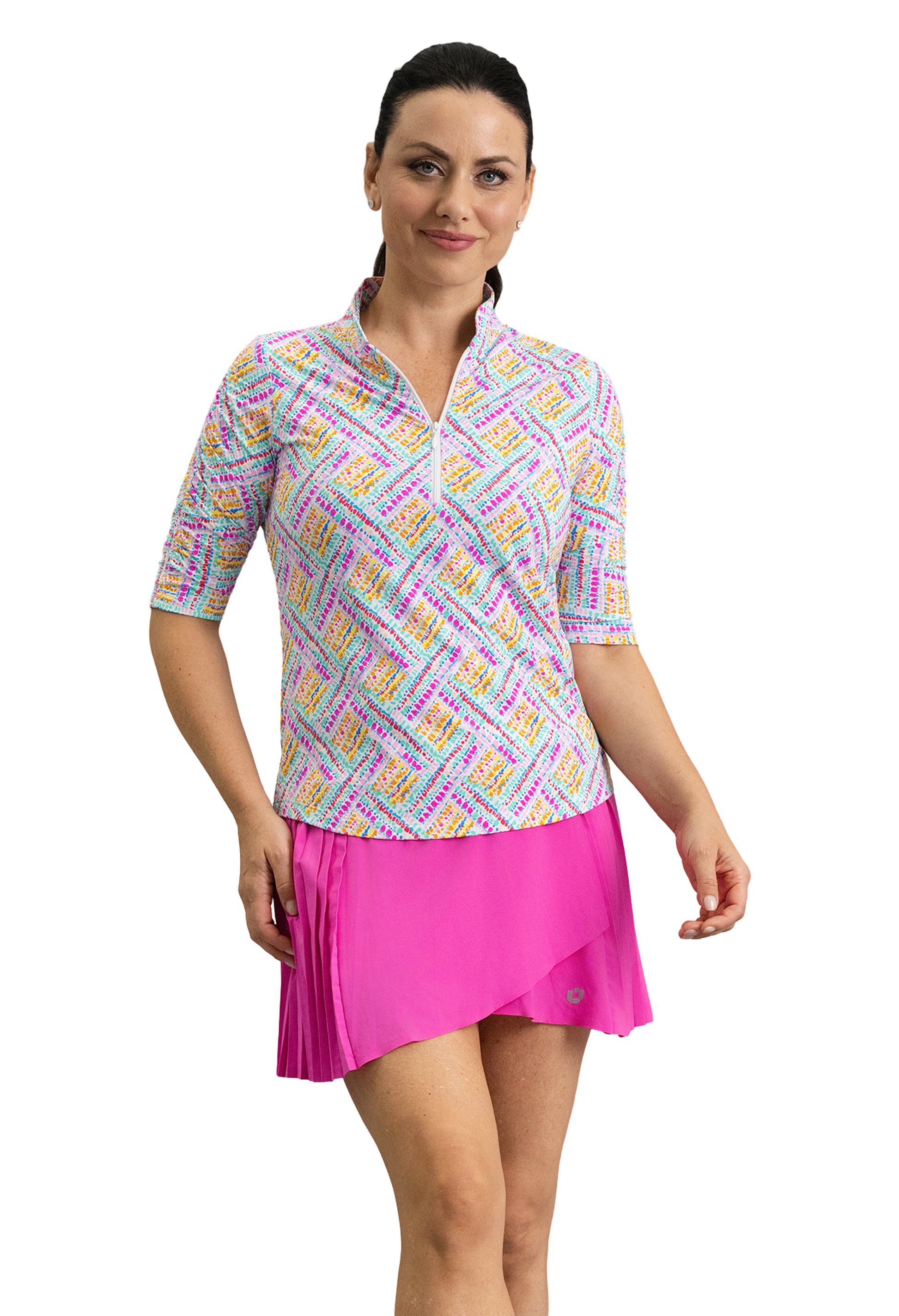 IBKÜL - Nina Ruched Elbow Sleeve Mandarin Collar Top - Color: Hot Pink Multi