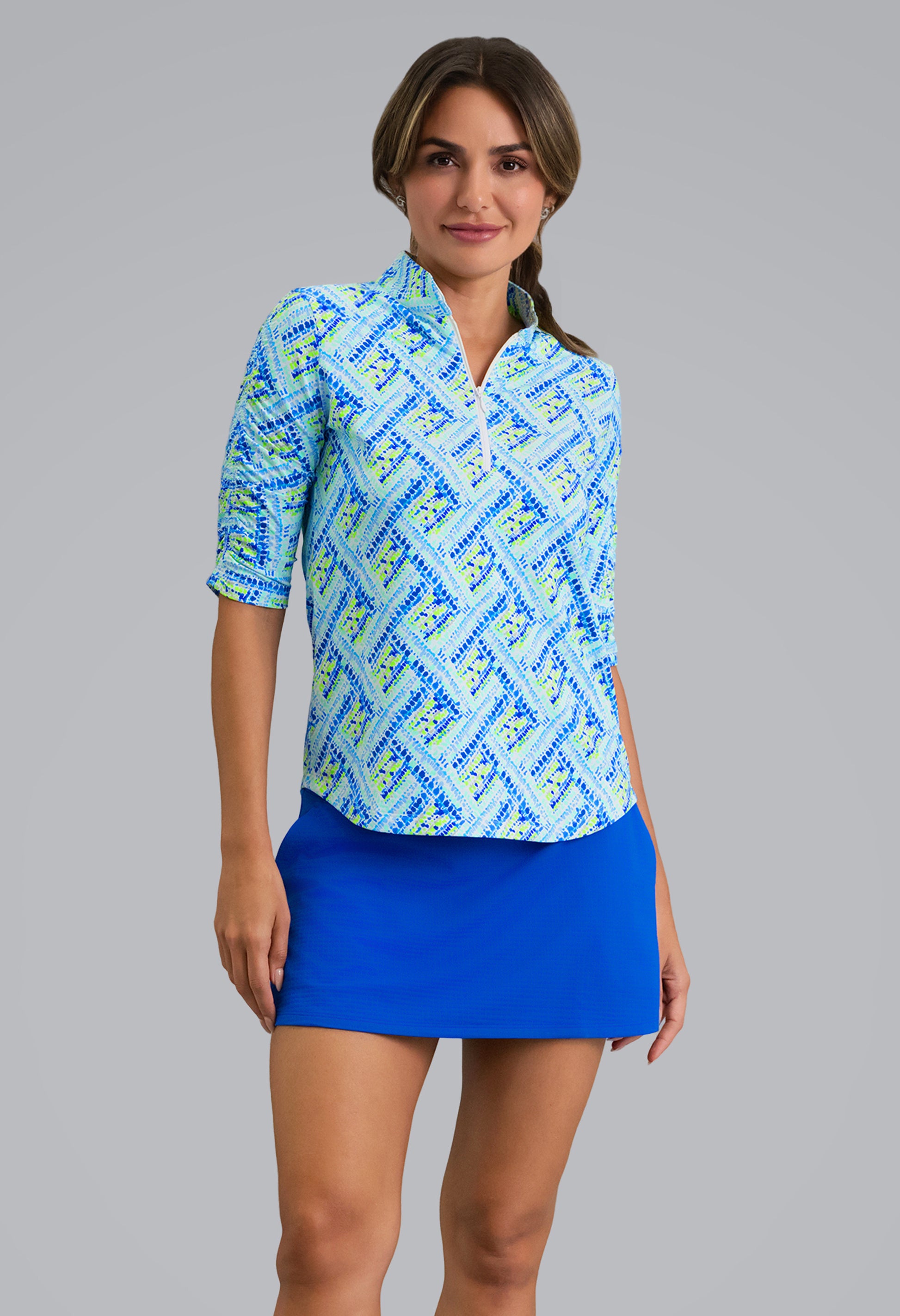 IBKÜL - Nina Ruched Elbow Sleeve Mandarin Collar Top - Color: Blue Multi