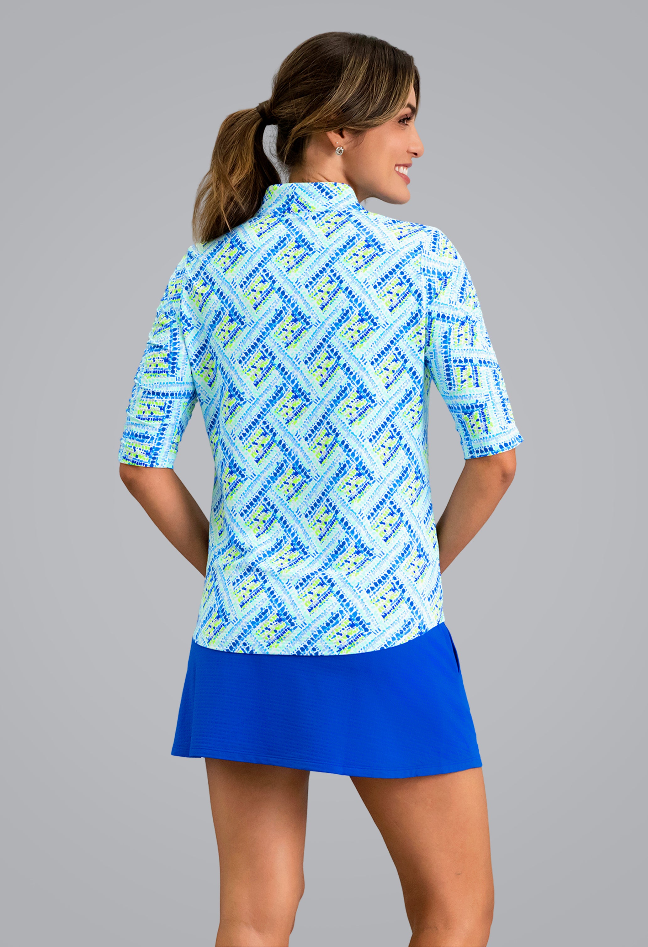 IBKÜL - Nina Ruched Elbow Sleeve Mandarin Collar Top - Color: Blue Multi