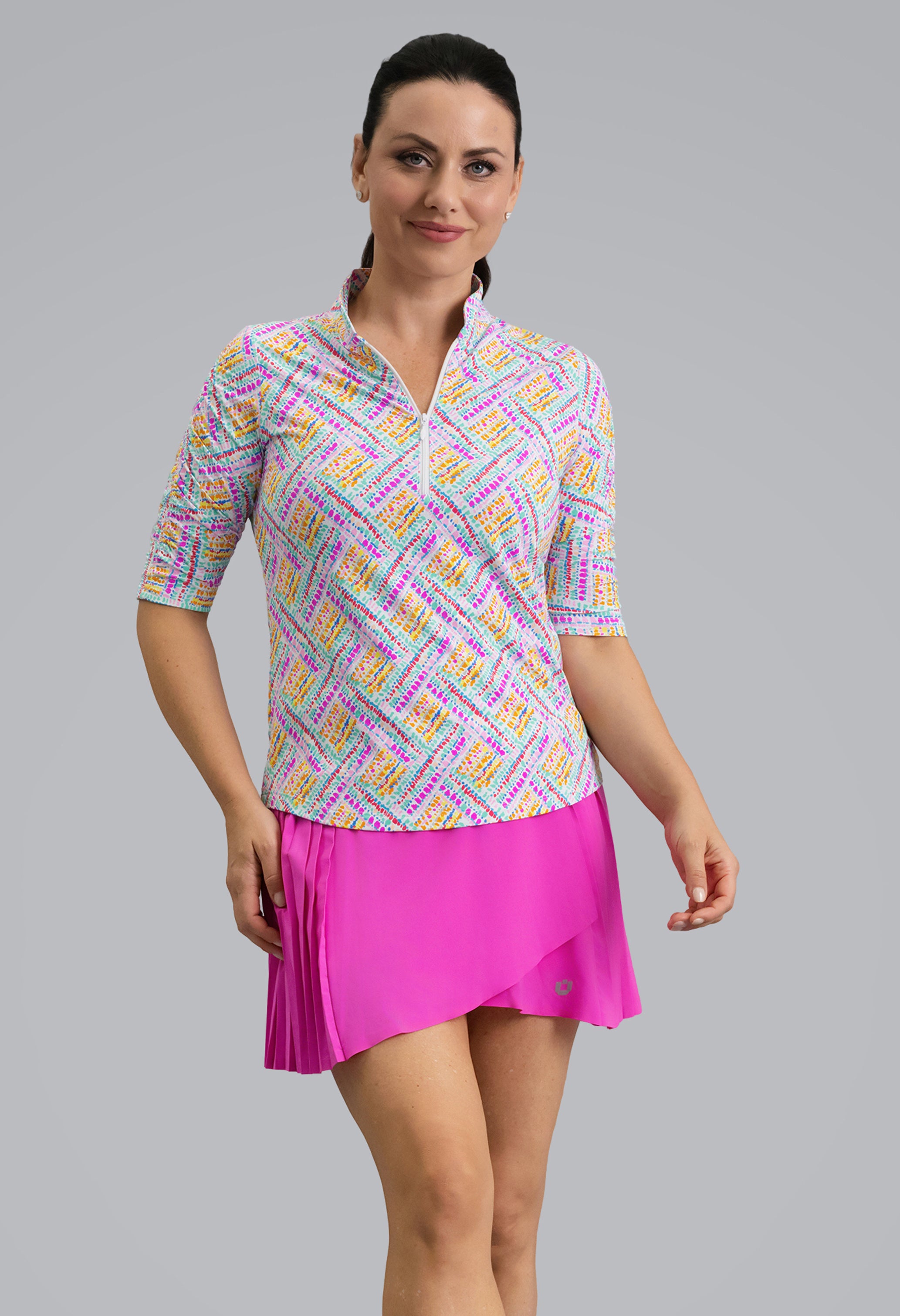 IBKÜL - Nina Ruched Elbow Sleeve Mandarin Collar Top - Color: Hot Pink Multi