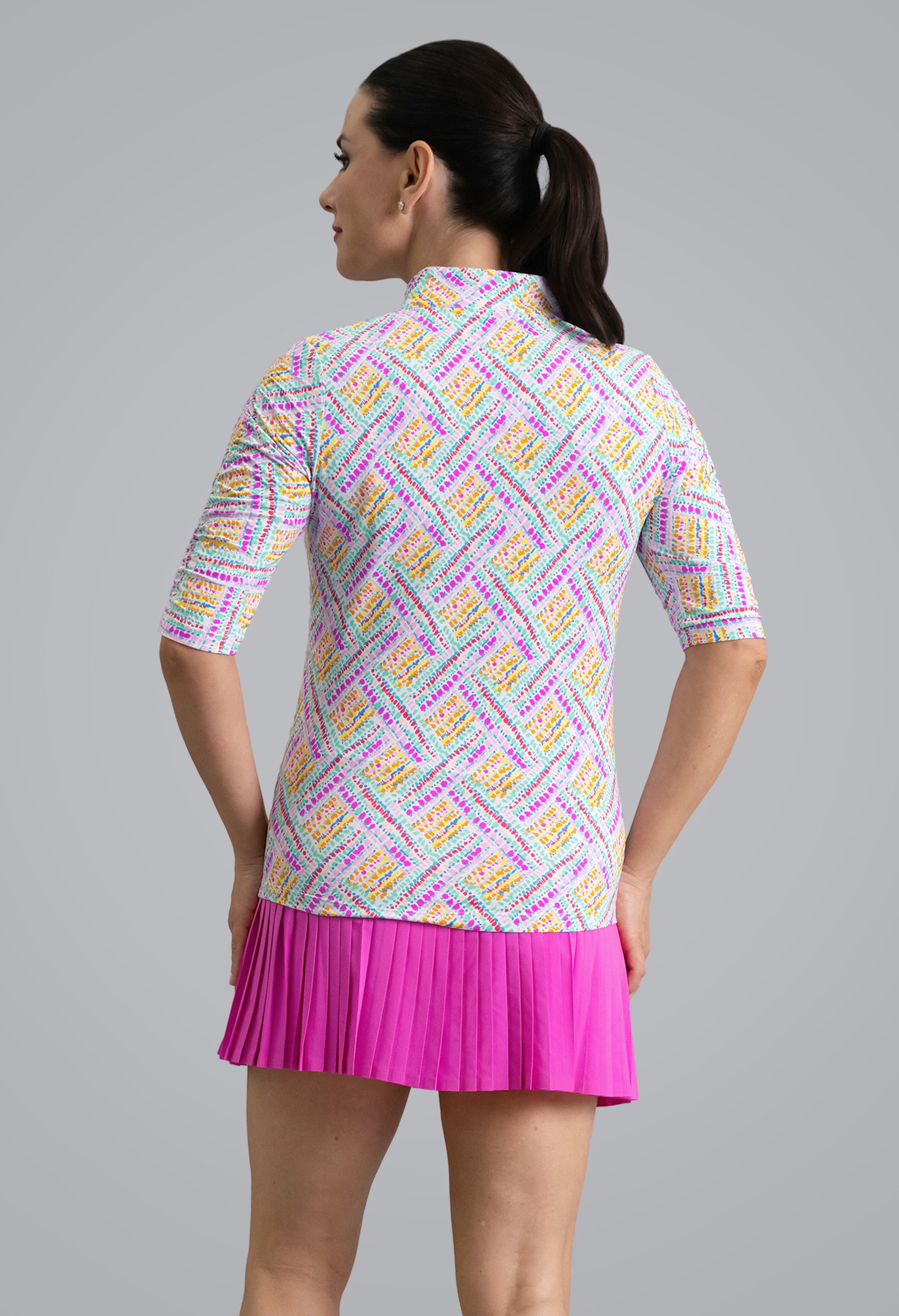 IBKÜL - Nina Ruched Elbow Sleeve Mandarin Collar Top - Color: Hot Pink Multi