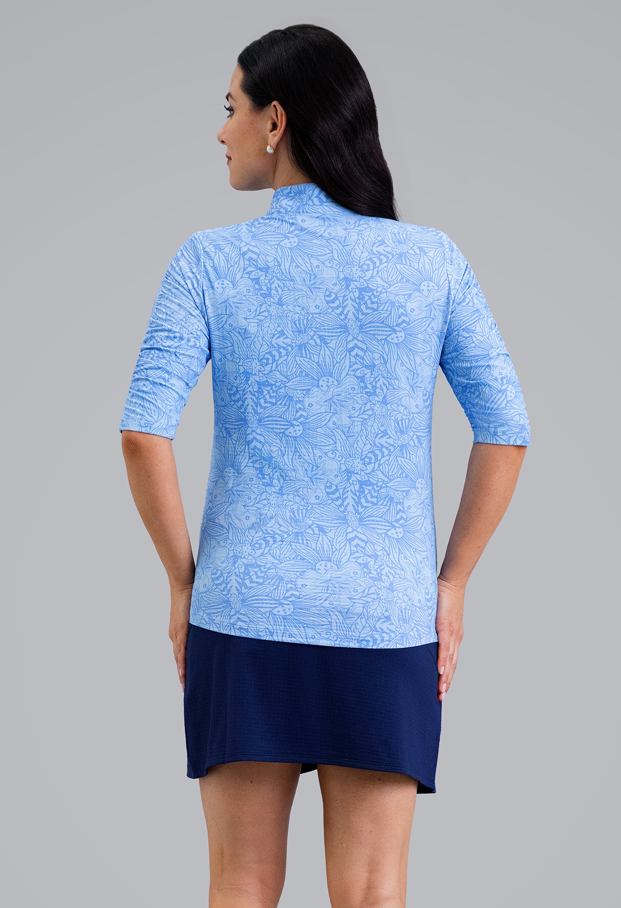 IBKÜL - Annie Ruched Elbow Sleeve Mandarin Collar Top - Color: Peri/Lt. Peri