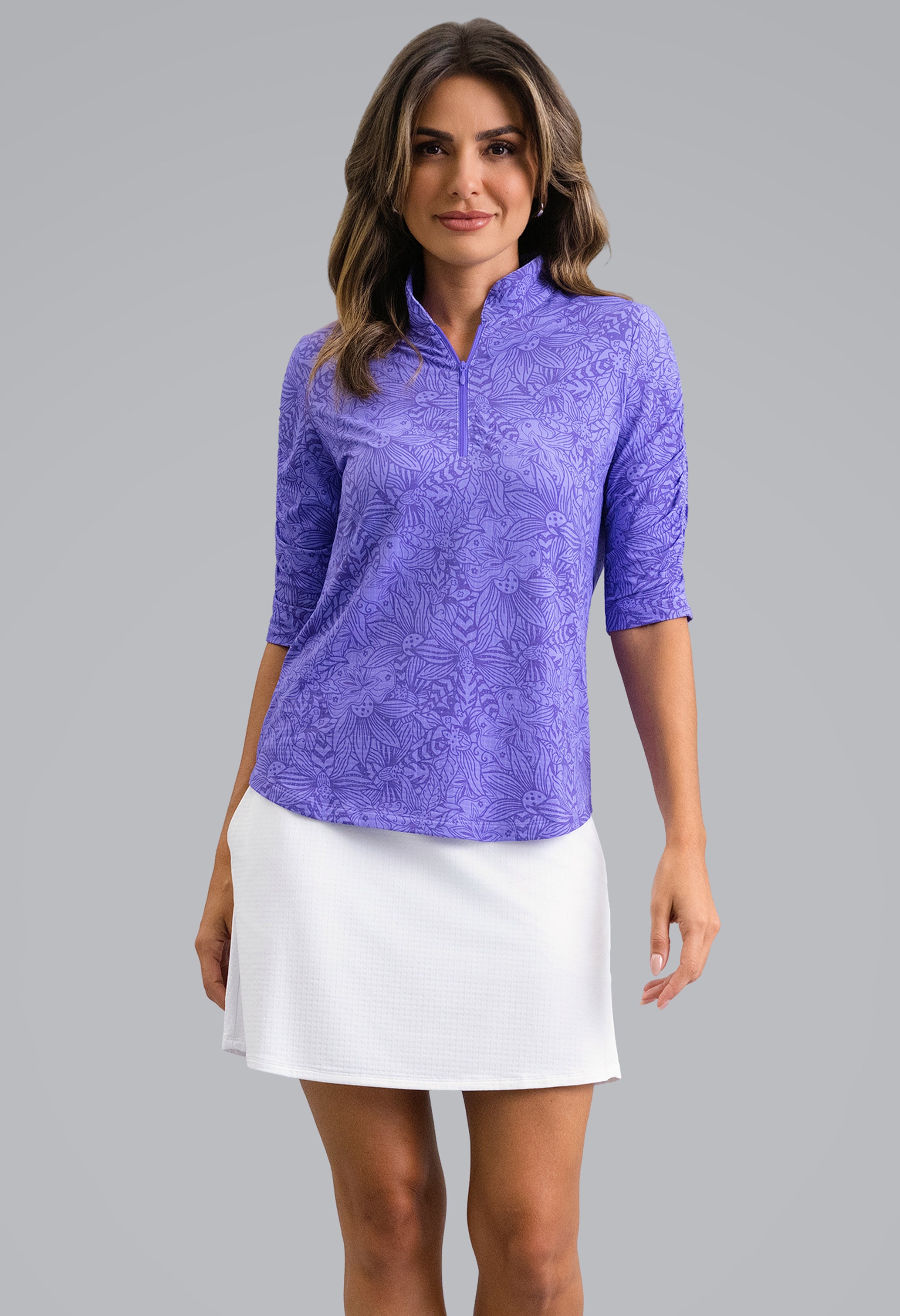 IBKÜL - Annie Ruched Elbow Sleeve Mandarin Collar Top - Color: Plum/Lavender