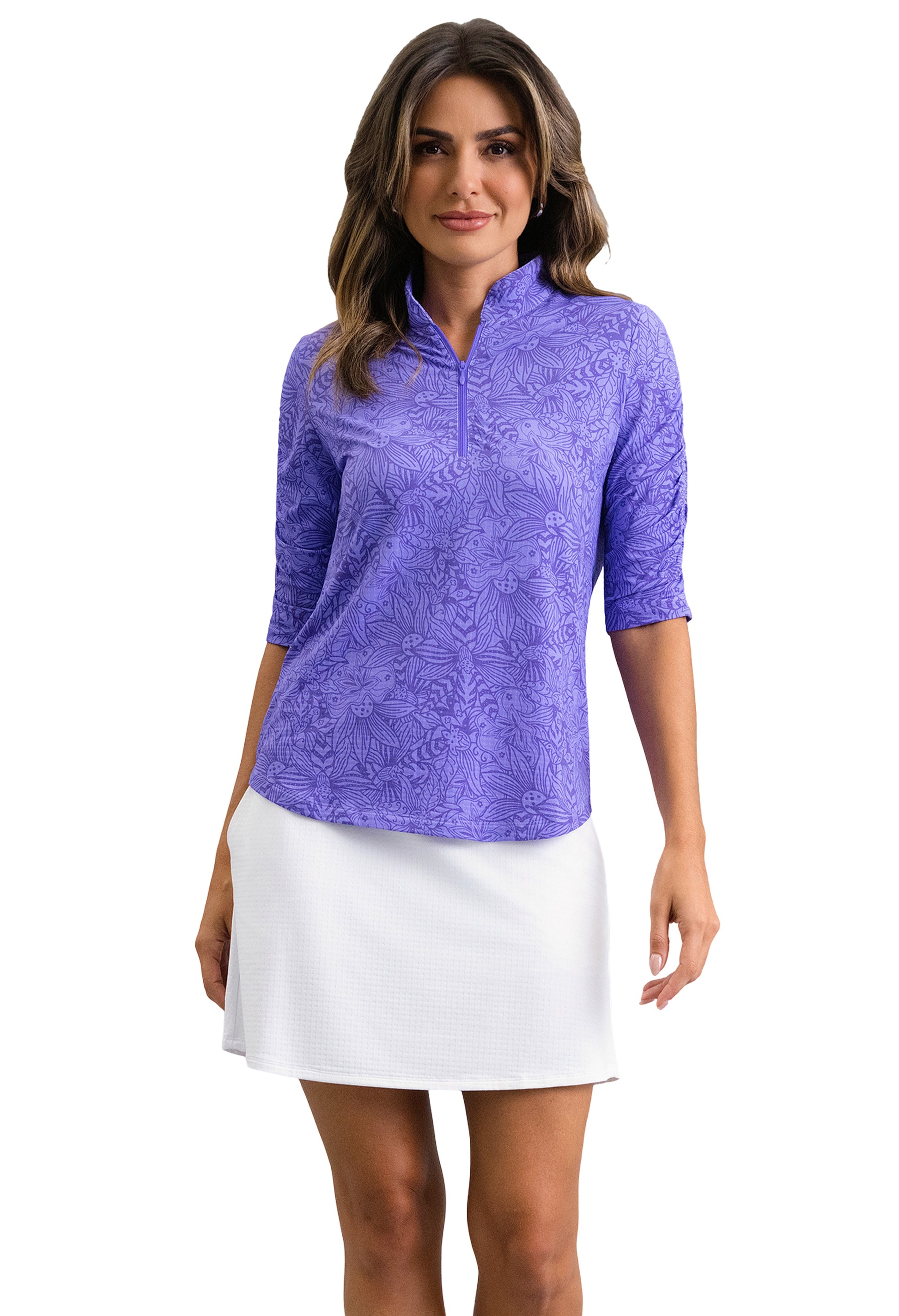 IBKÜL - Annie Ruched Elbow Sleeve Mandarin Collar Top - Color: Plum/Lavender