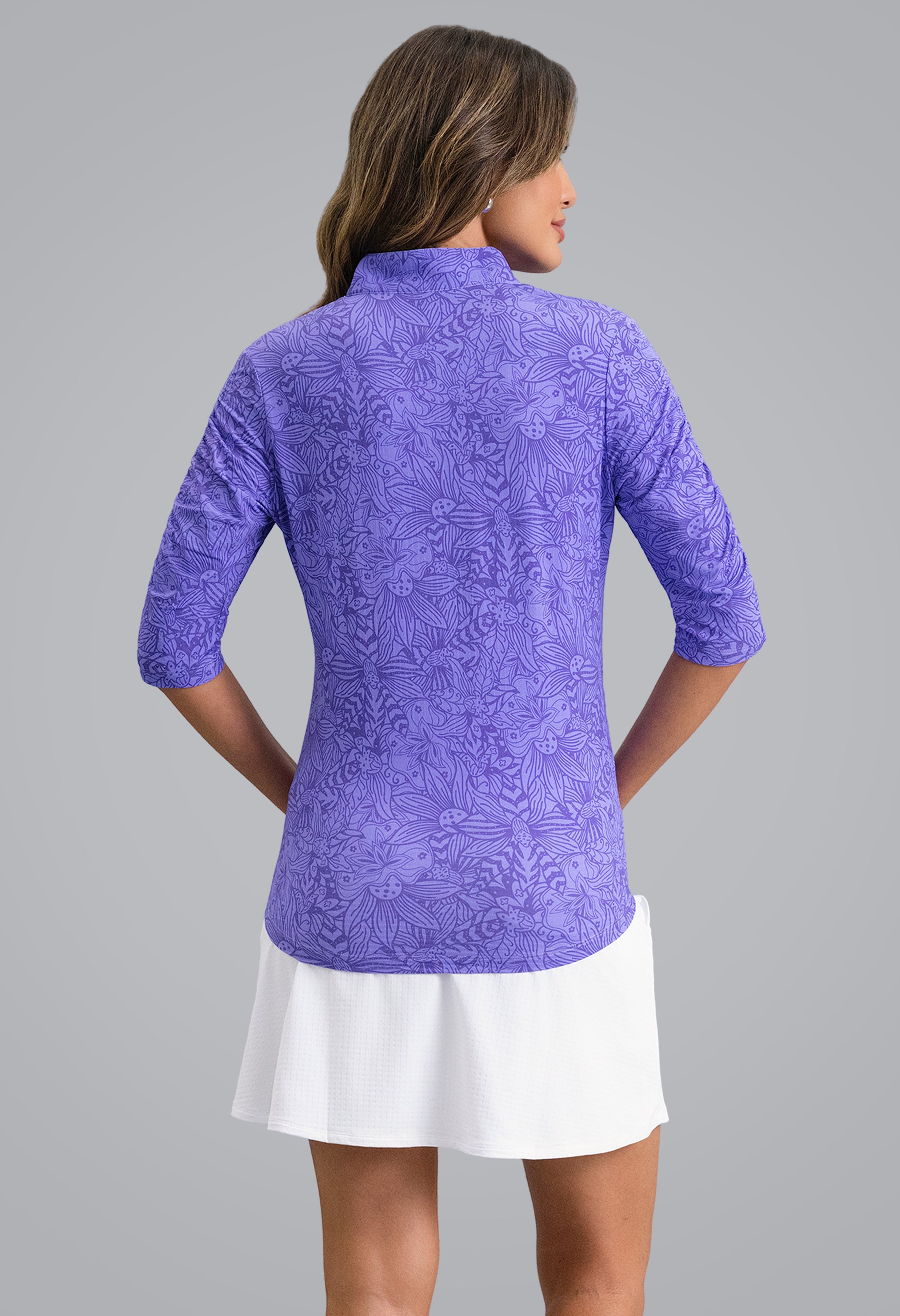 IBKÜL - Annie Ruched Elbow Sleeve Mandarin Collar Top - Color: Plum/Lavender