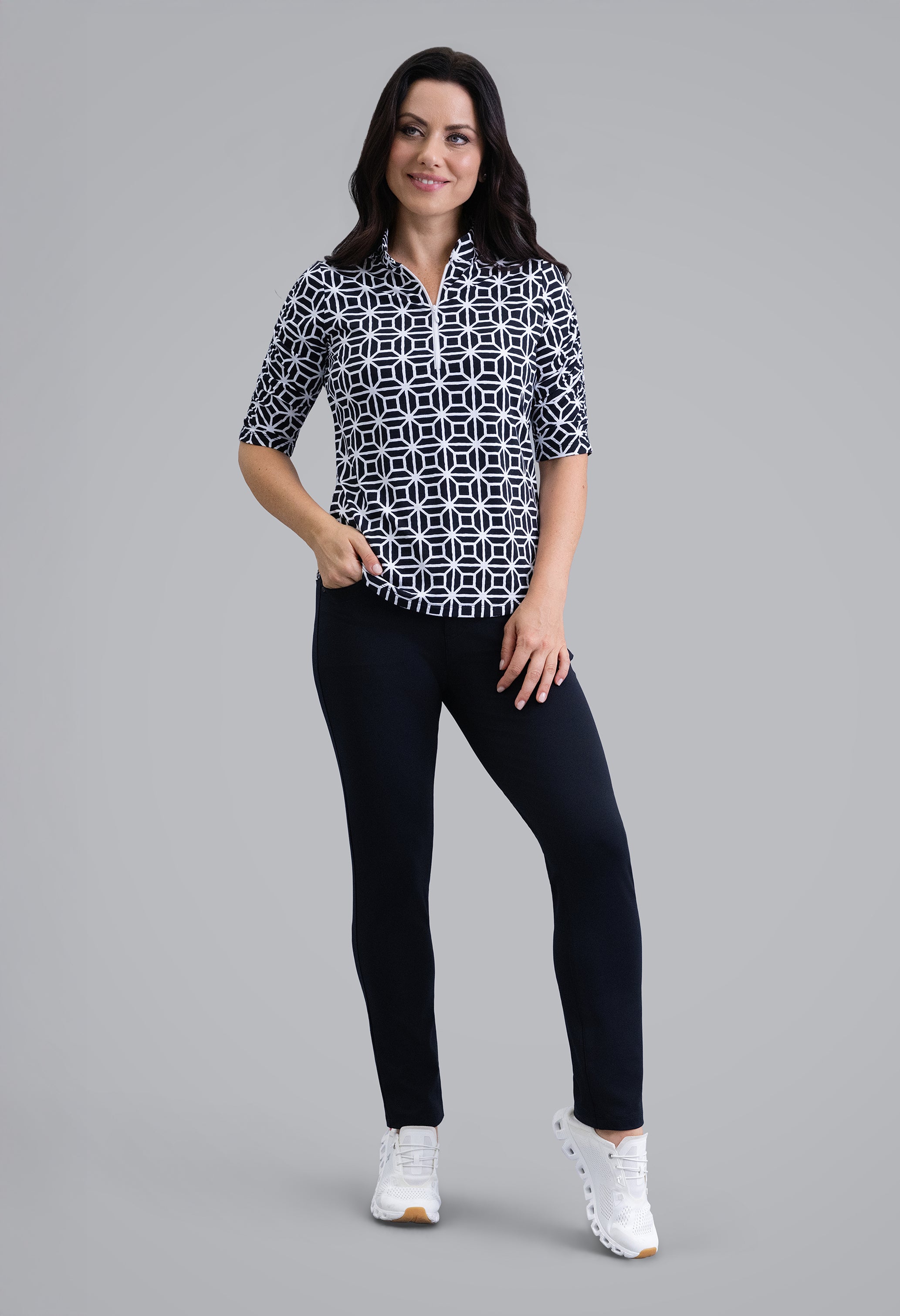 IBKÜL - Carolyn Ruched Elbow Sleeve Mandarin Collar Top - Color: Black