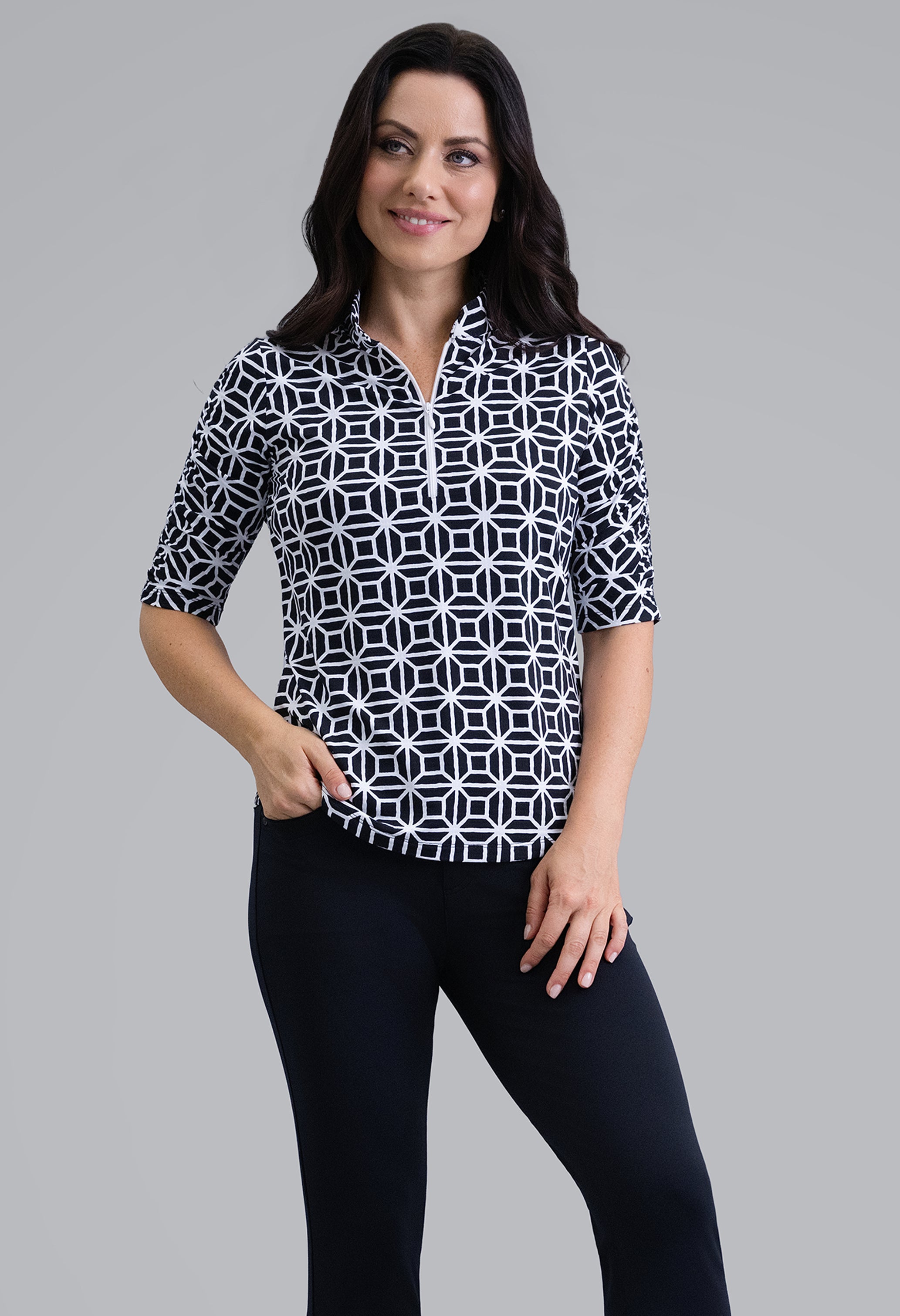 IBKÜL - Carolyn Ruched Elbow Sleeve Mandarin Collar Top - Color: Black