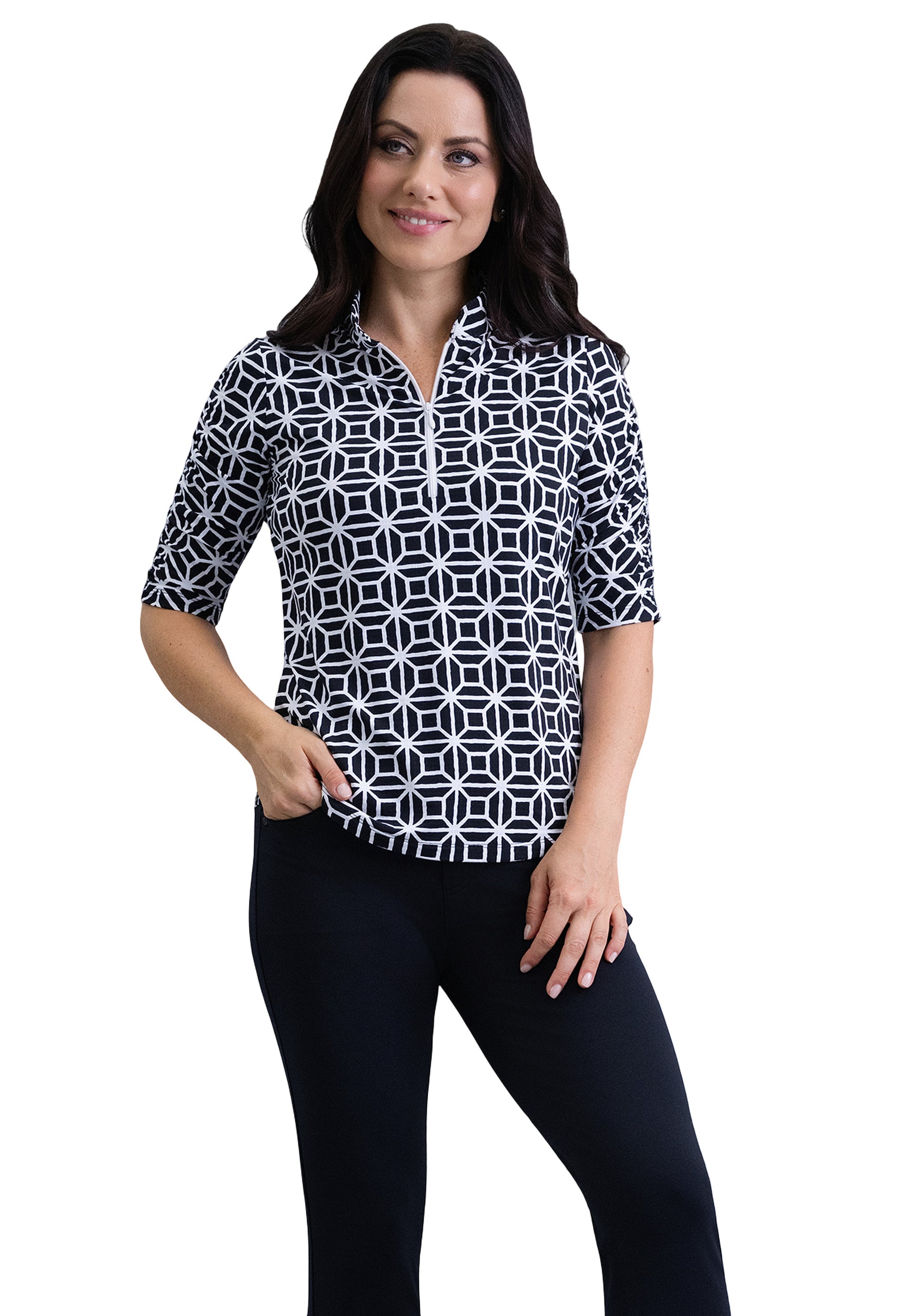 IBKÜL - Carolyn Ruched Elbow Sleeve Mandarin Collar Top - Color: Black