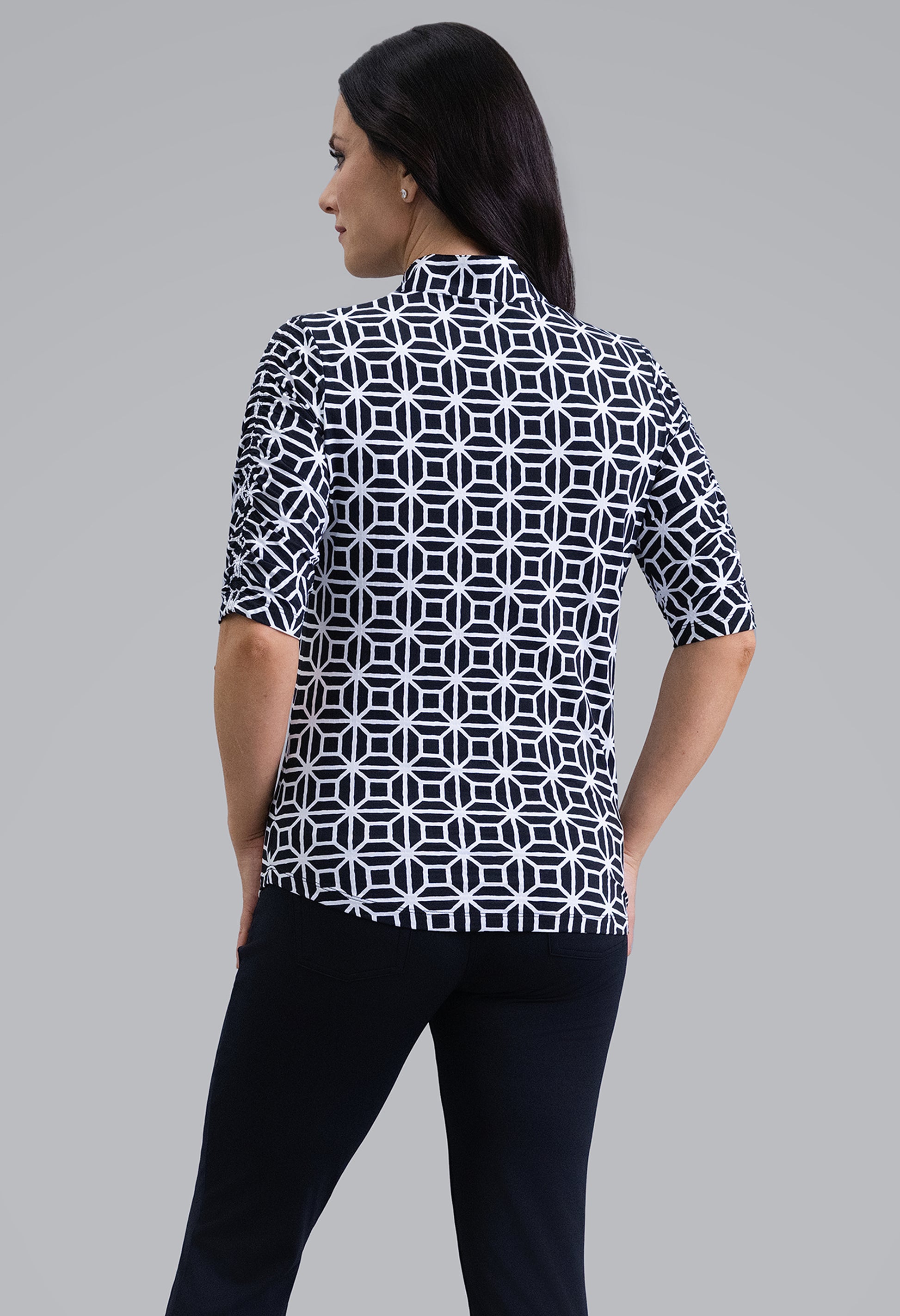IBKÜL - Carolyn Ruched Elbow Sleeve Mandarin Collar Top - Color: Black