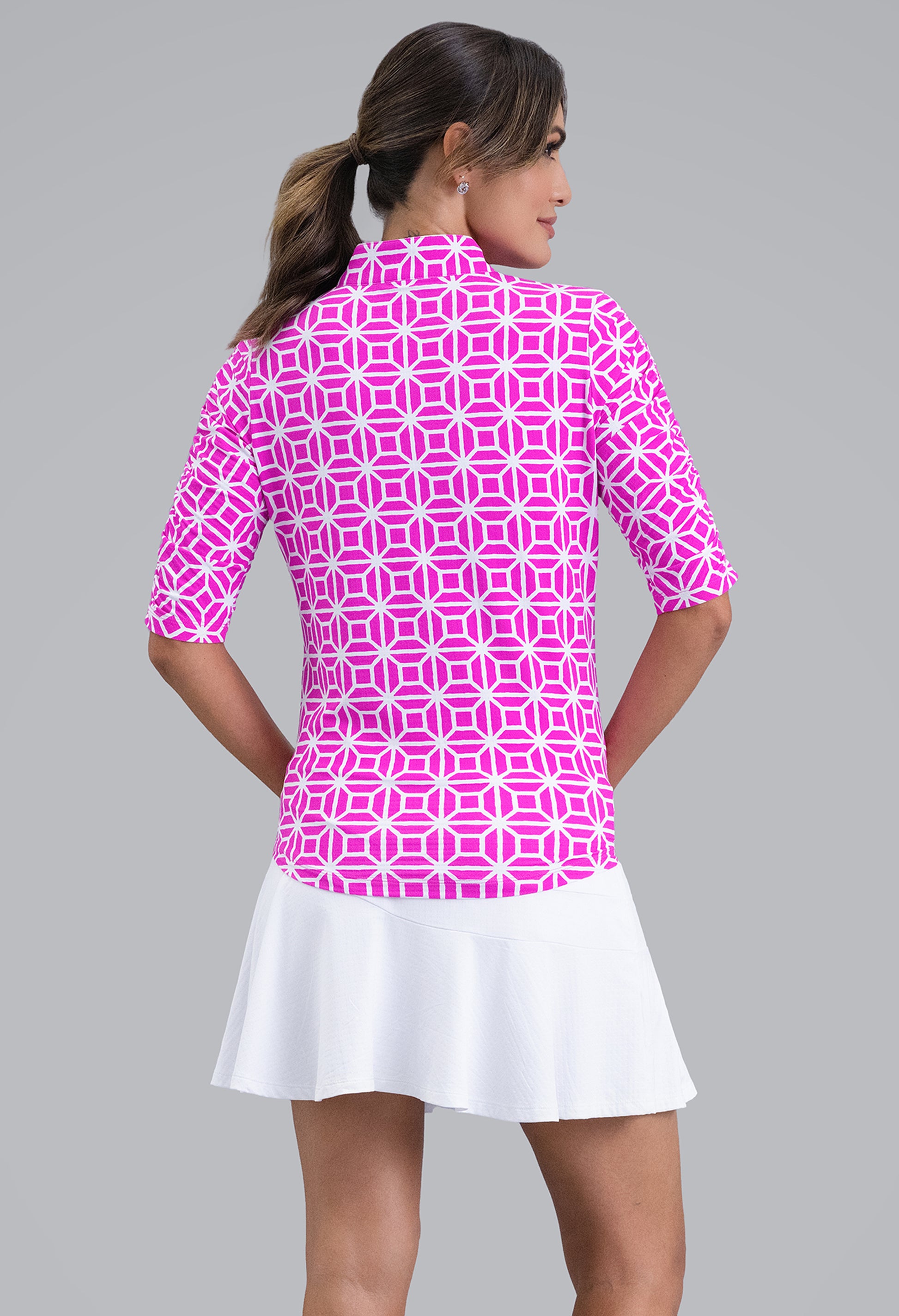 IBKÜL - Carolyn Ruched Elbow Sleeve Mandarin Collar Top - Color: Hot Pink