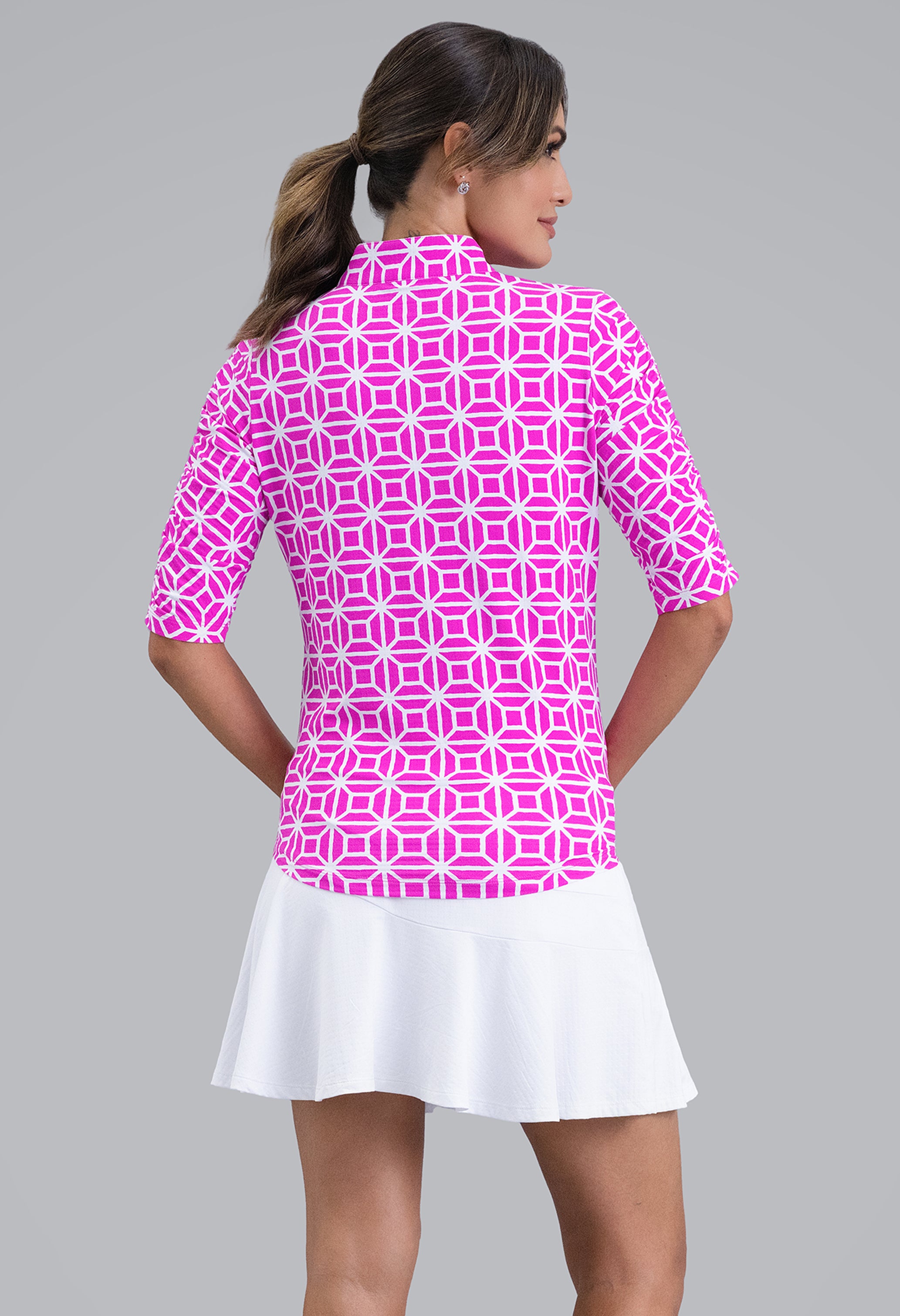 IBKÜL - Carolyn Ruched Elbow Sleeve Mandarin Collar Top - Color: Hot Pink