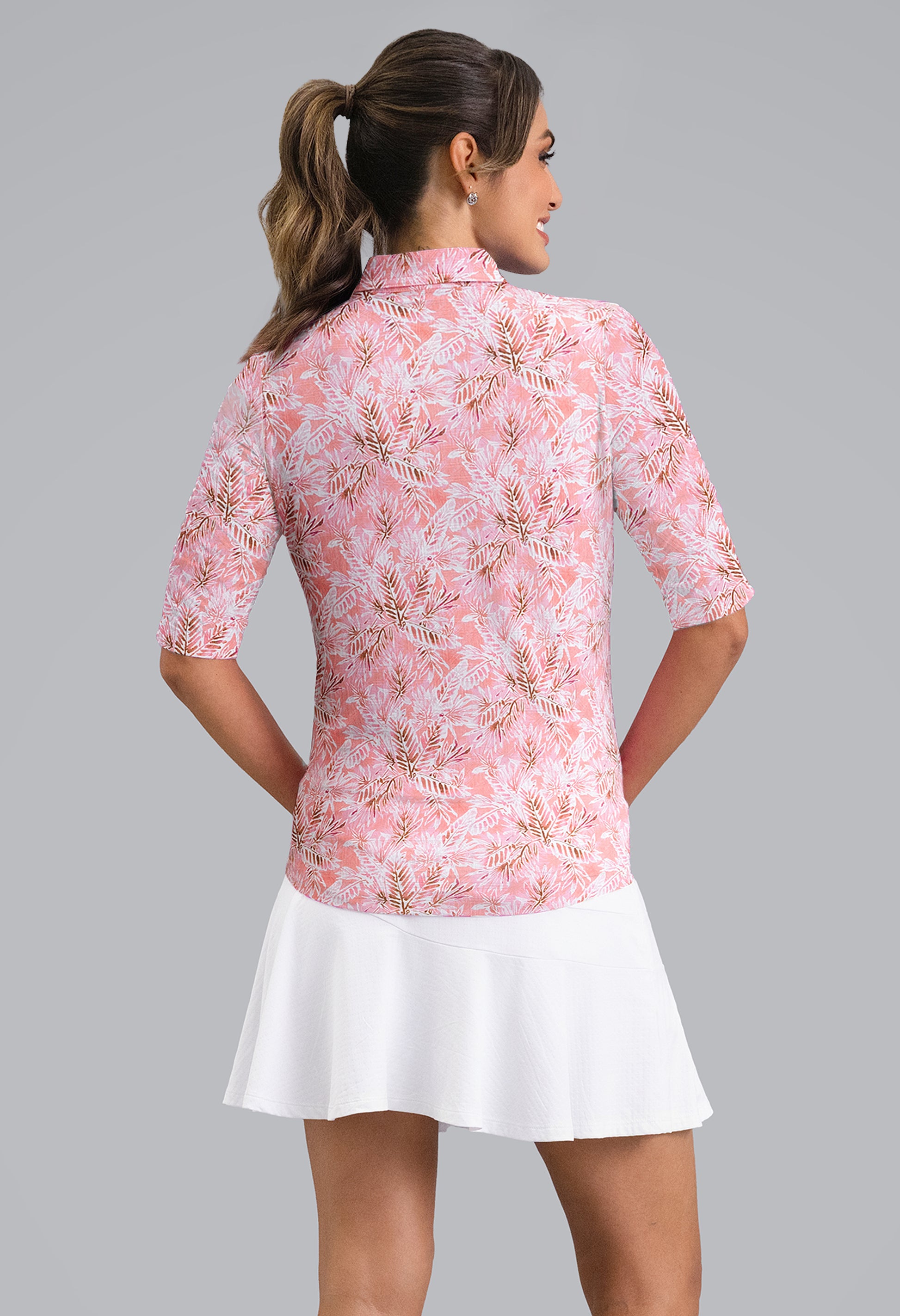 IBKÜL - Briana Ruched Elbow Sleeve Mandarin Collar Top - Color: Peach