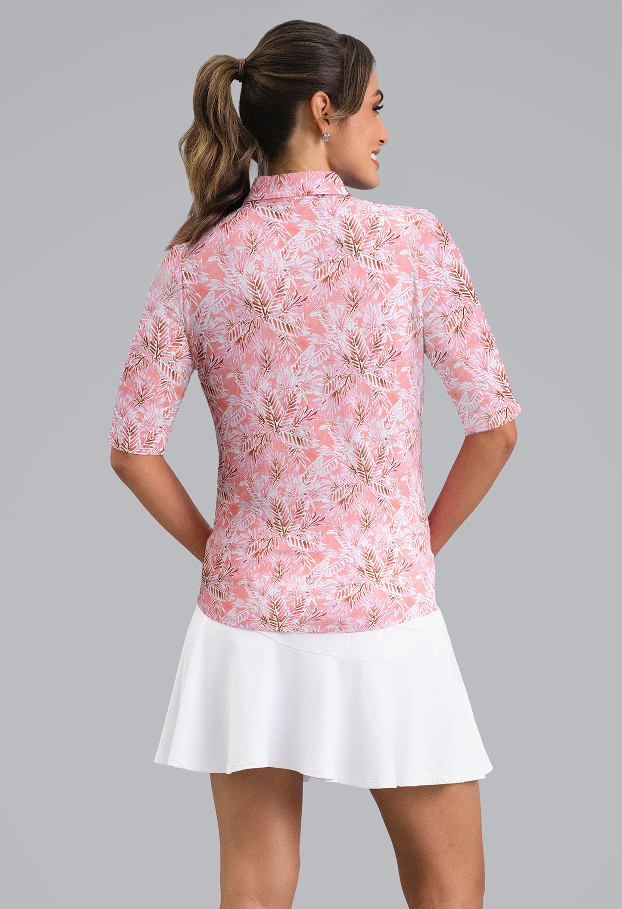 IBKÜL - Briana Ruched Elbow Sleeve Mandarin Collar Top - Color: Peach