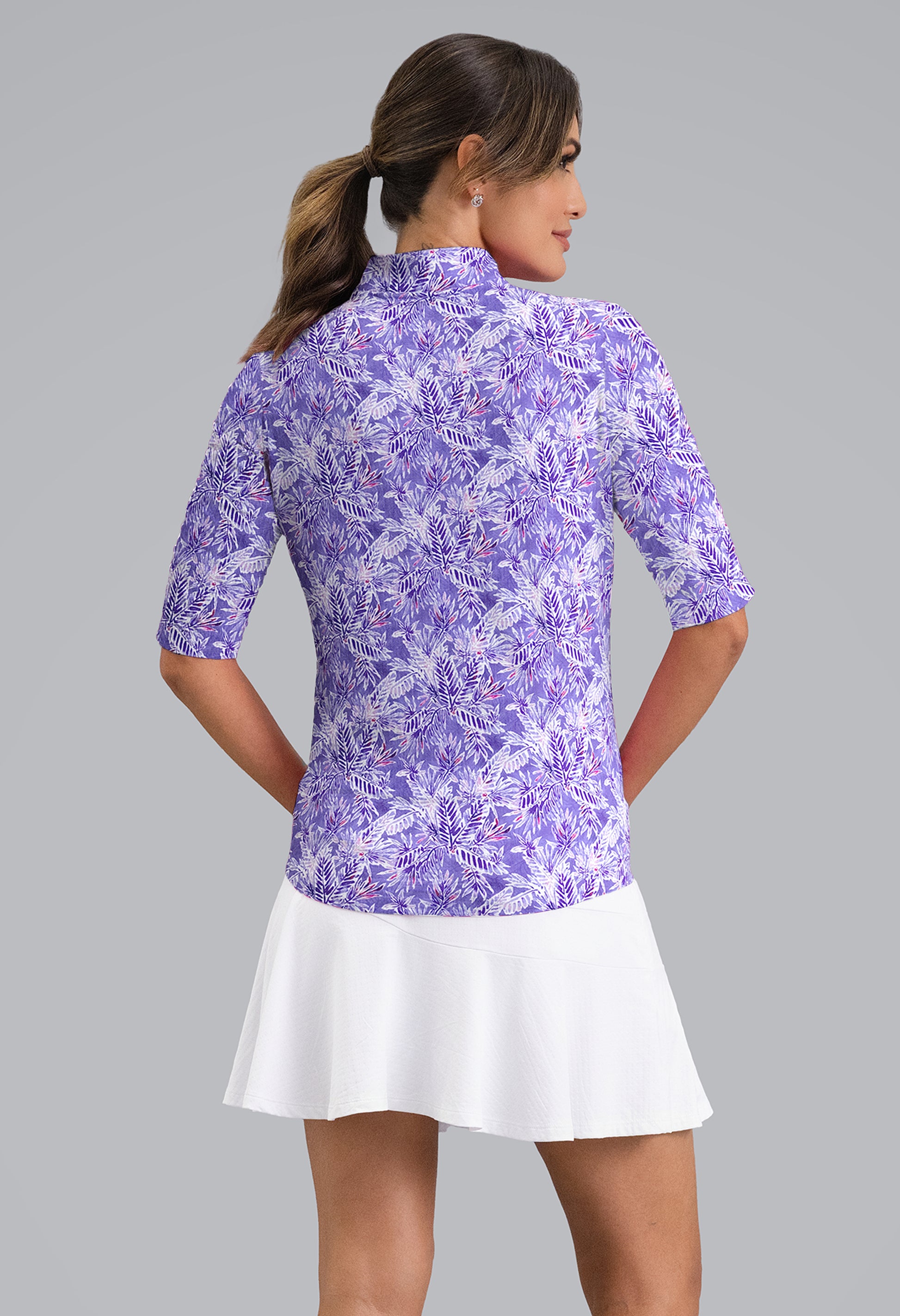 IBKÜL - Briana Ruched Elbow Sleeve Mandarin Collar Top - Color: Plum