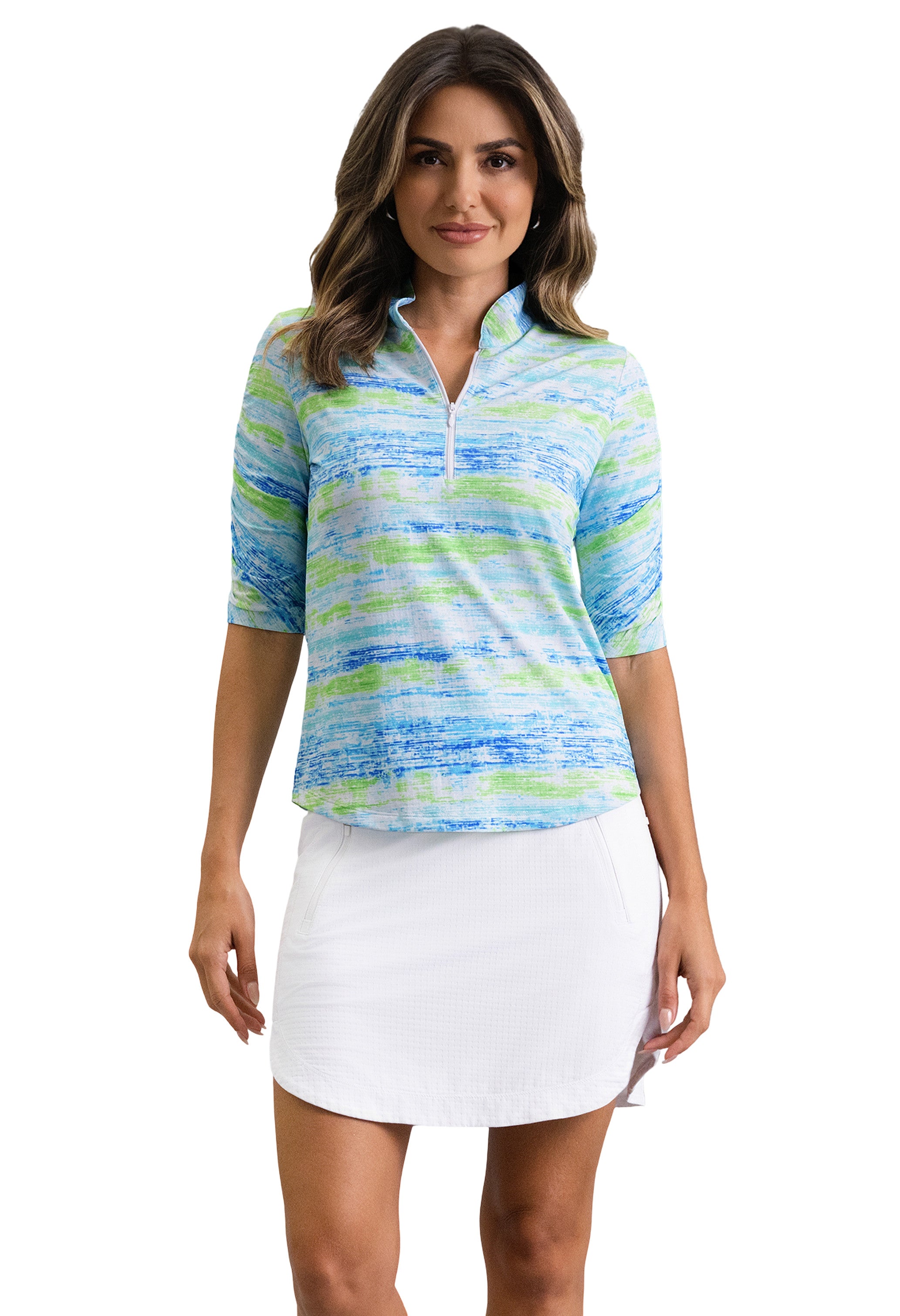 IBKÜL - Gia Ruched Elbow Sleeve Mandarin Collar Top - Color: Blue Multi