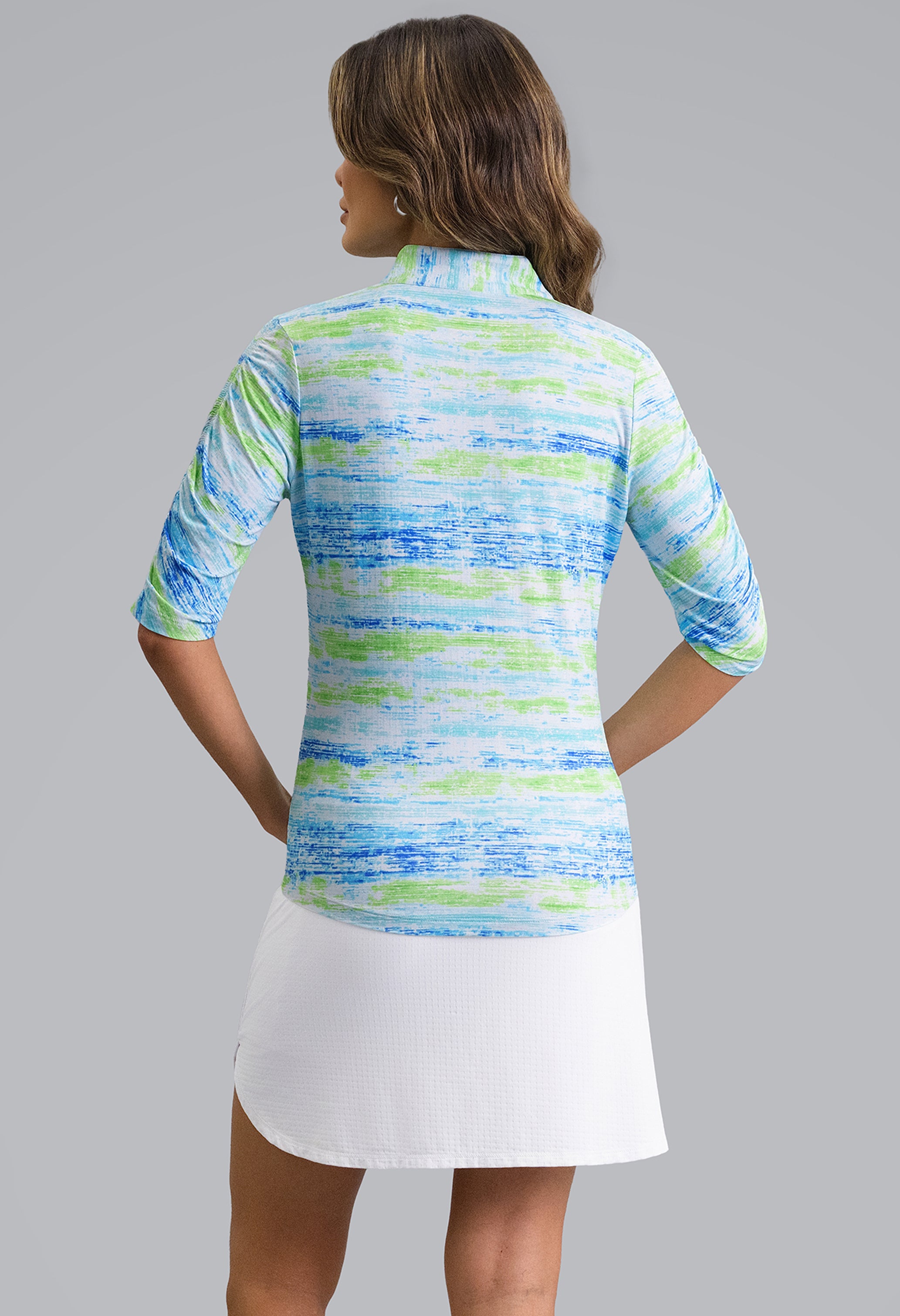 IBKÜL - Gia Ruched Elbow Sleeve Mandarin Collar Top - Color: Blue Multi