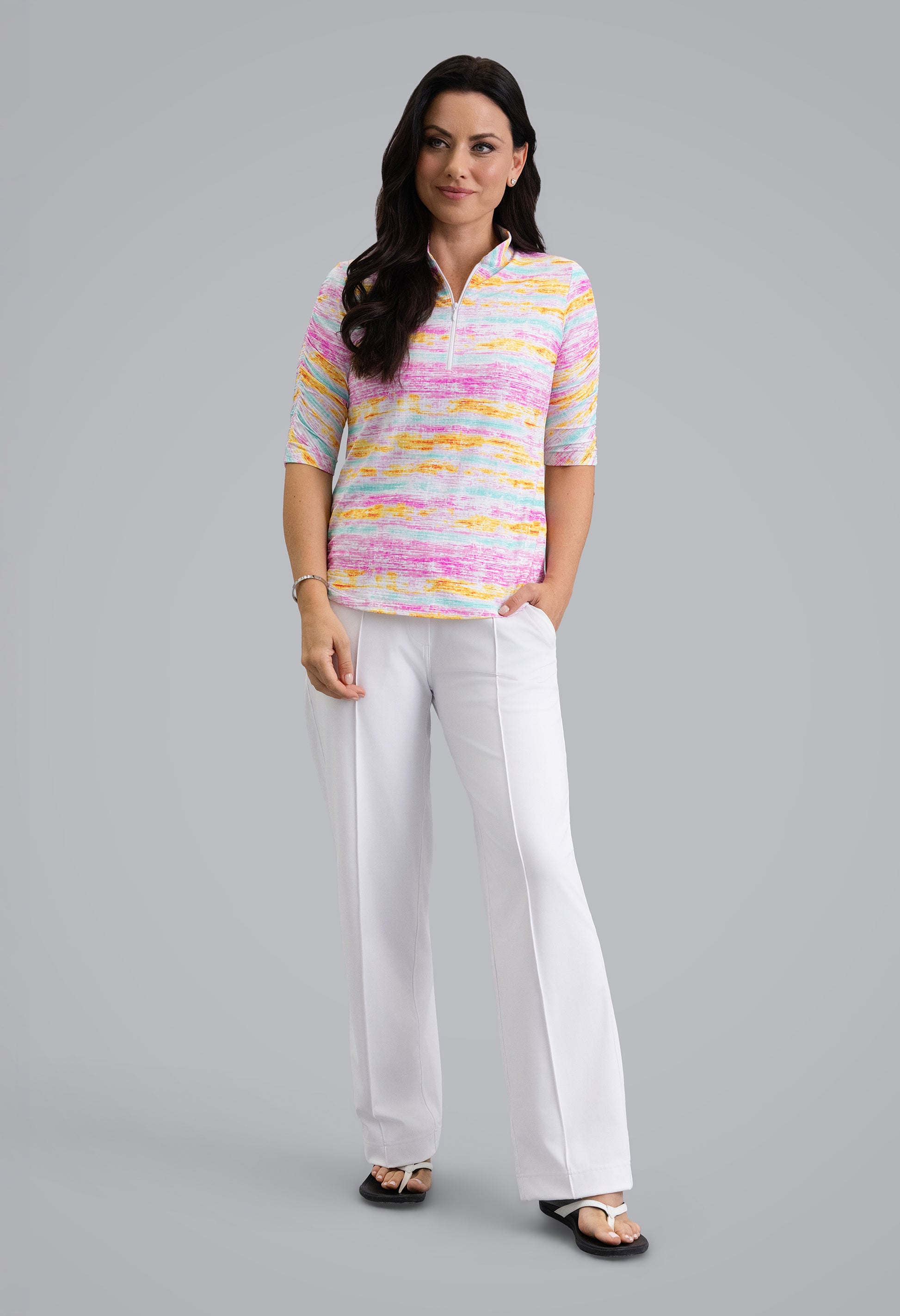 IBKÜL - Gia Ruched Elbow Sleeve Mandarin Collar Top - Color: Hot Pink Multi