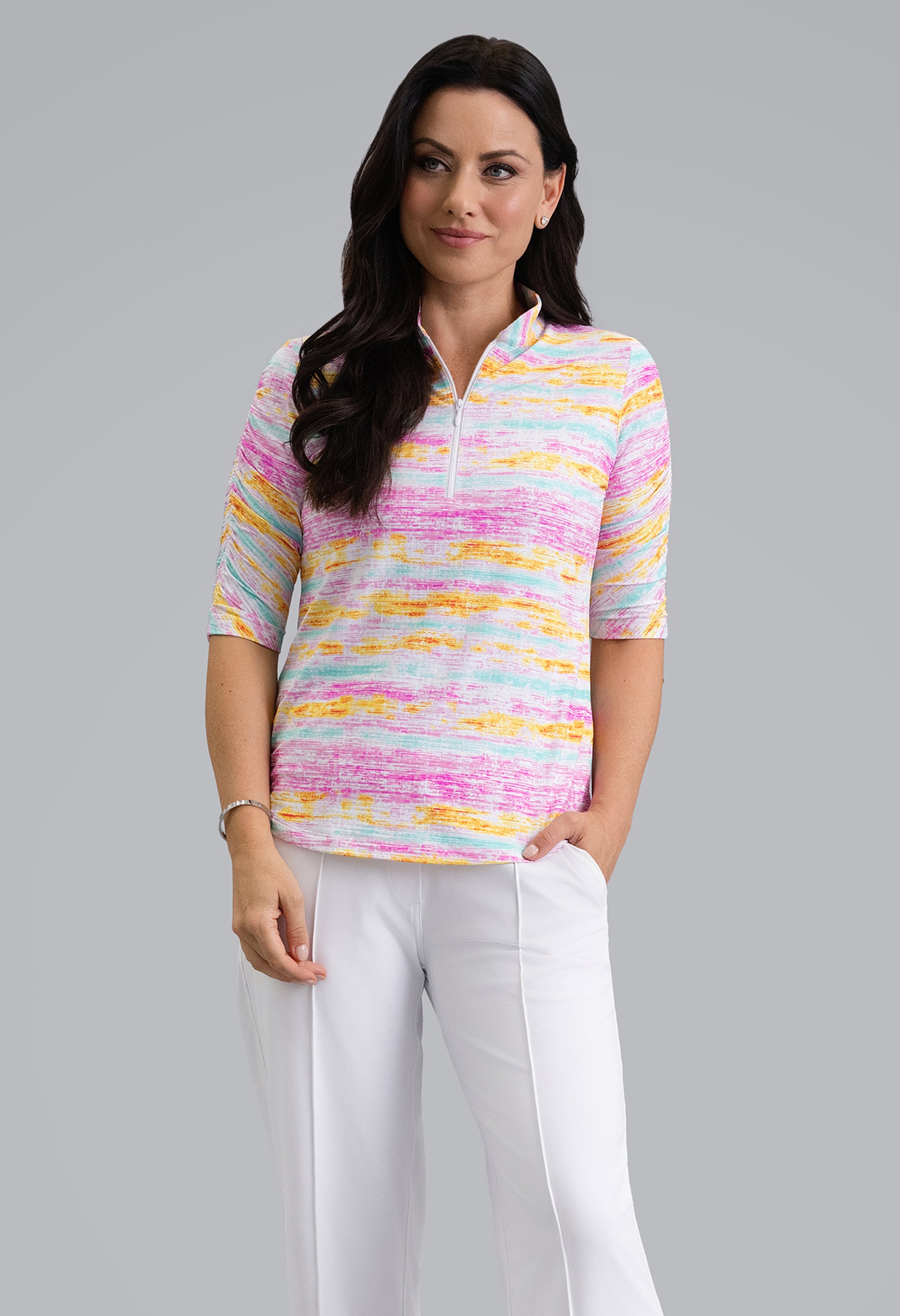 IBKÜL - Gia Ruched Elbow Sleeve Mandarin Collar Top - Color: Hot Pink Multi