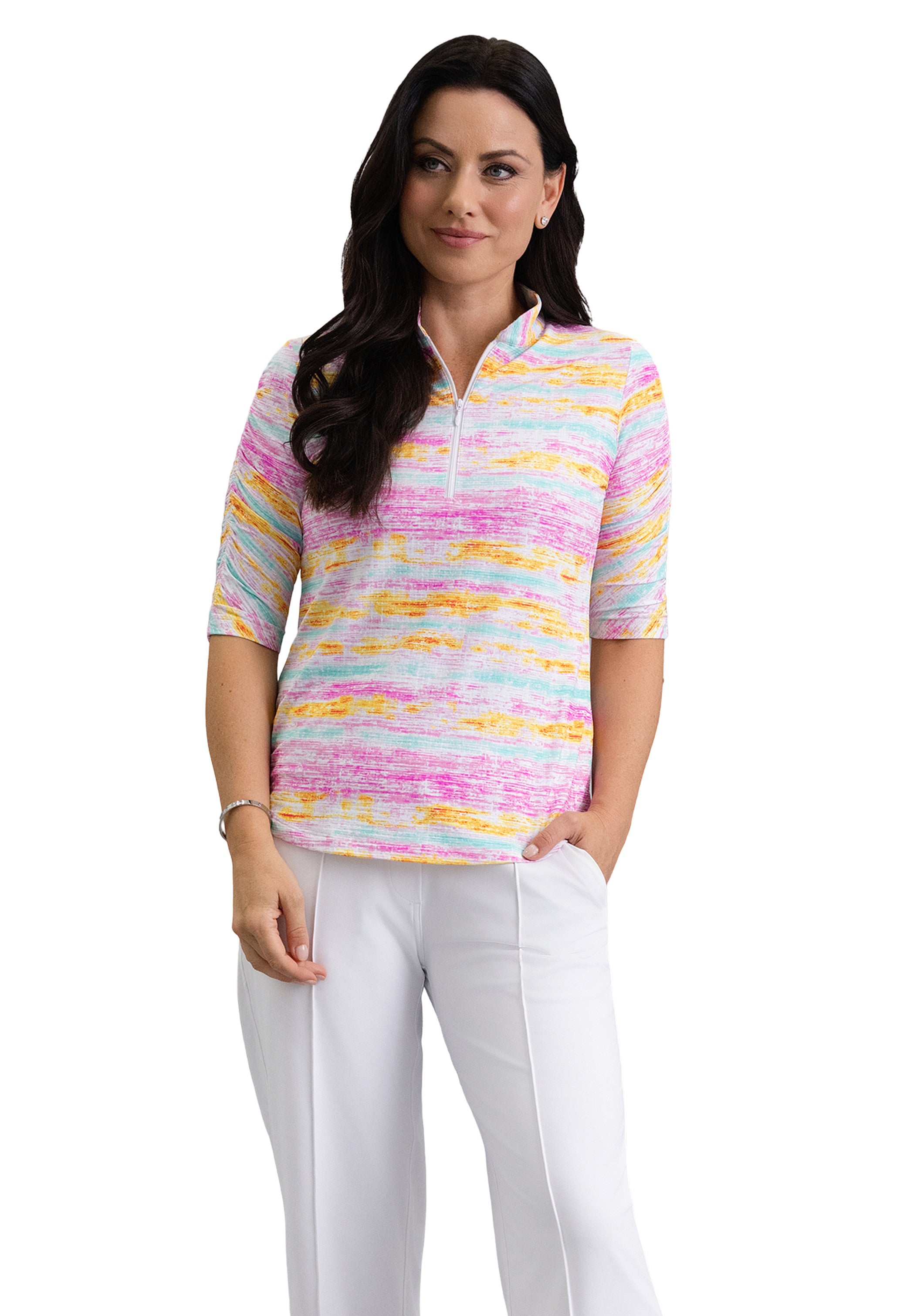 IBKÜL - Gia Ruched Elbow Sleeve Mandarin Collar Top - Color: Hot Pink Multi