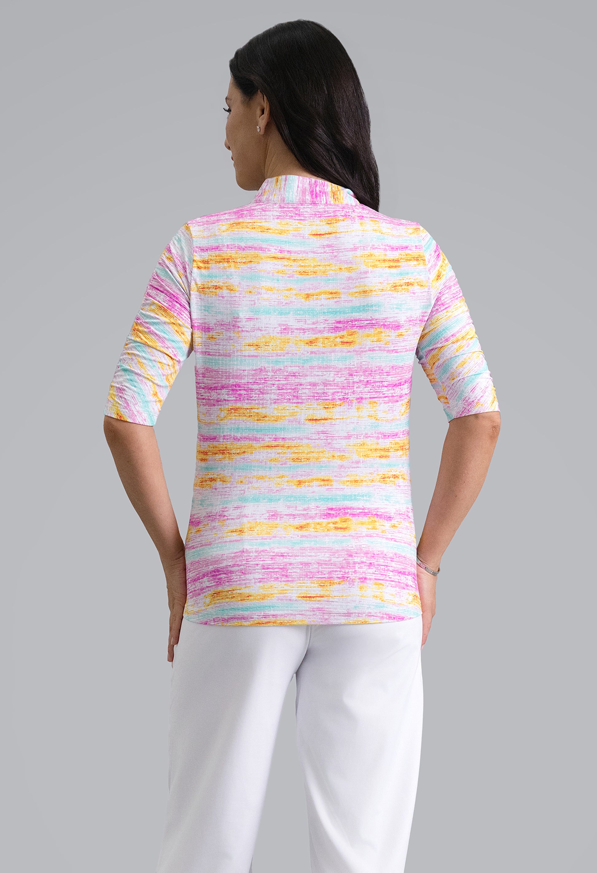 IBKÜL - Gia Ruched Elbow Sleeve Mandarin Collar Top - Color: Hot Pink Multi