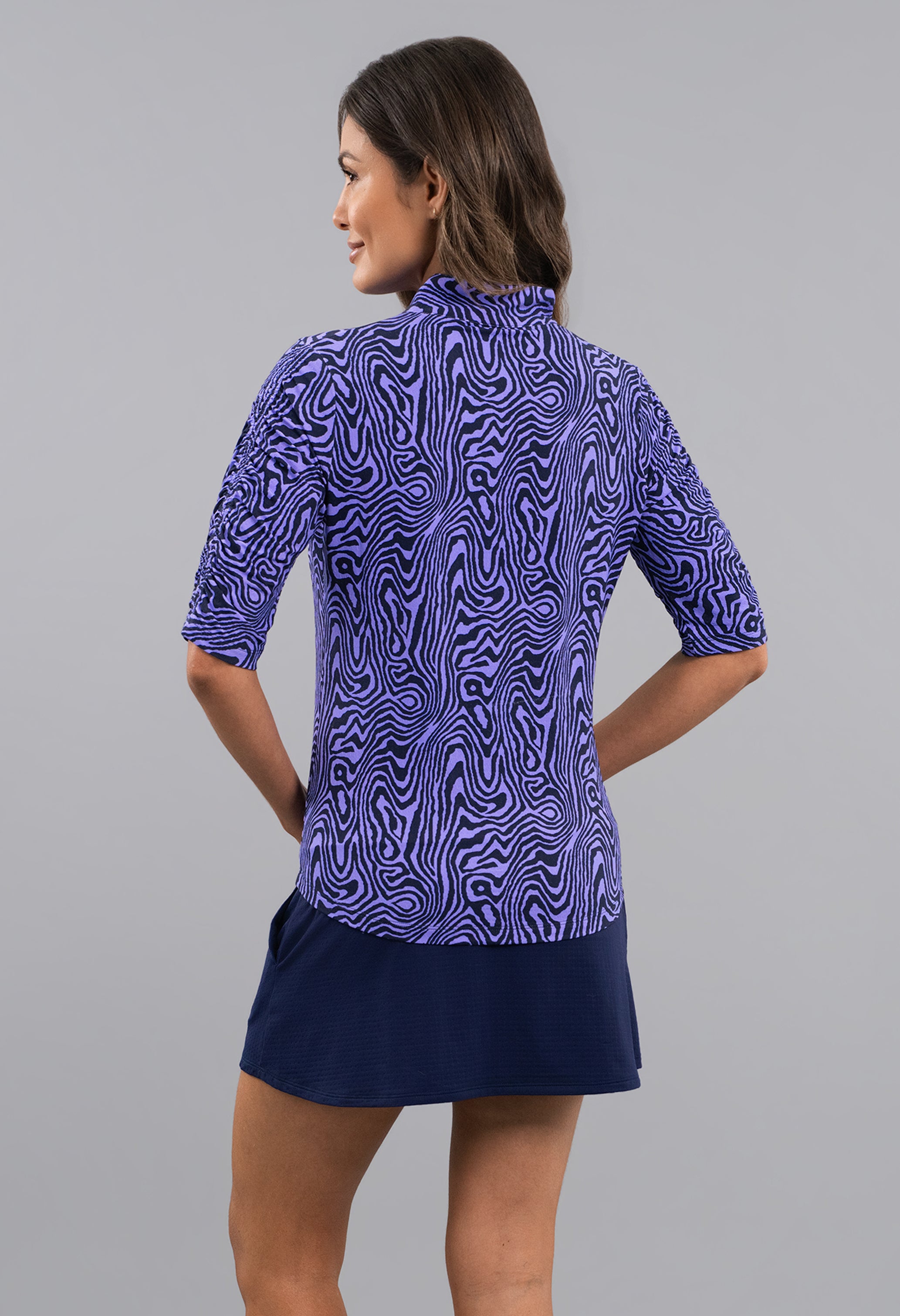 Courtney Ruched Elbow Sleeve Mandarin Collar Top
