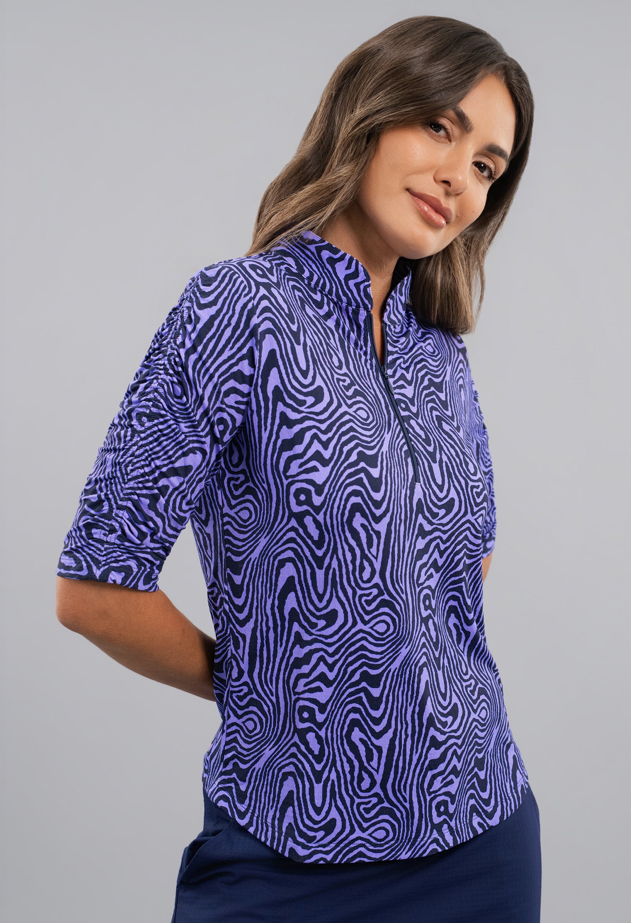 Courtney Ruched Elbow Sleeve Mandarin Collar Top