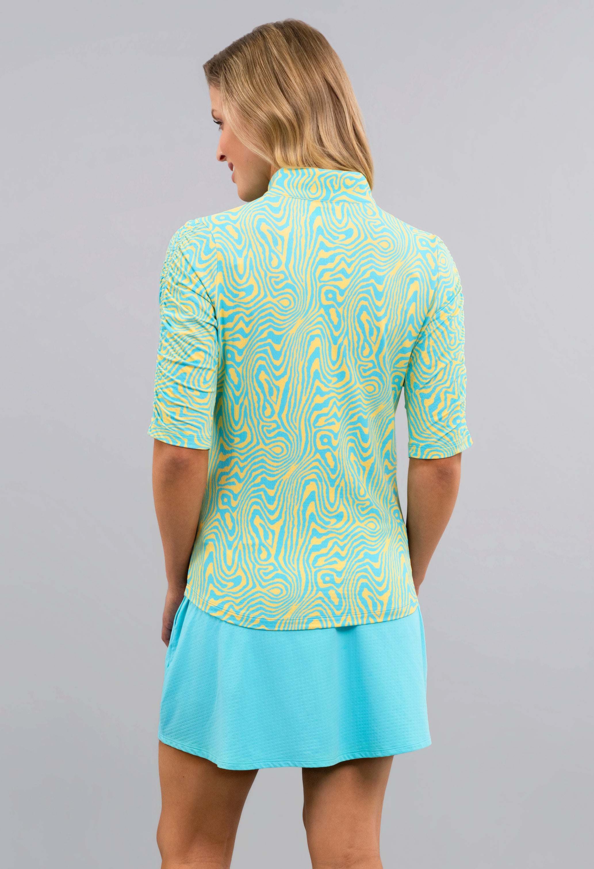 Courtney Ruched Elbow Sleeve Mandarin Collar Top