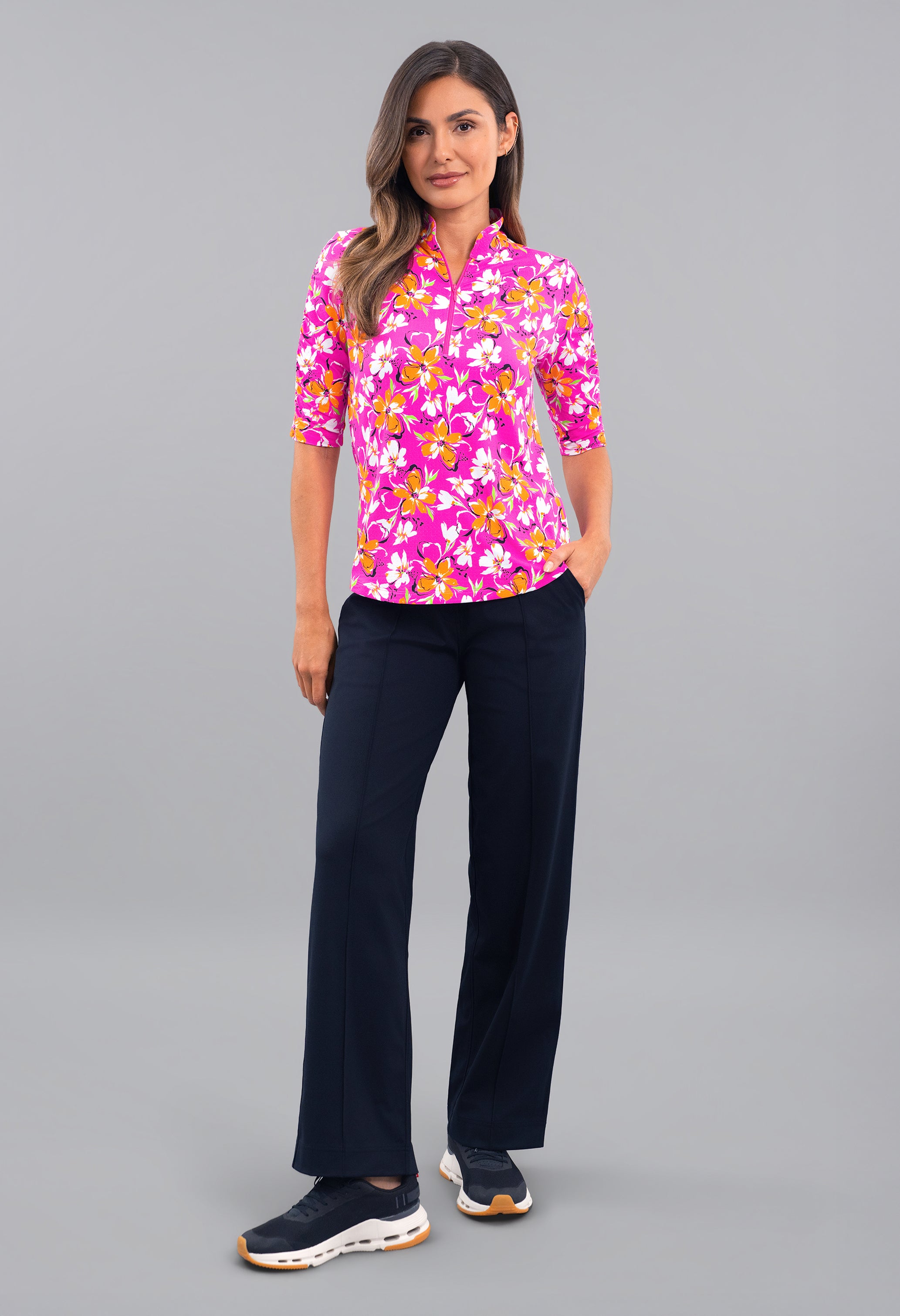 Eleanor Ruched Elbow Sleeve Mandarin Collar Top