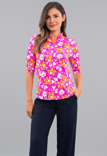 Eleanor Ruched Elbow Sleeve Mandarin Collar Top